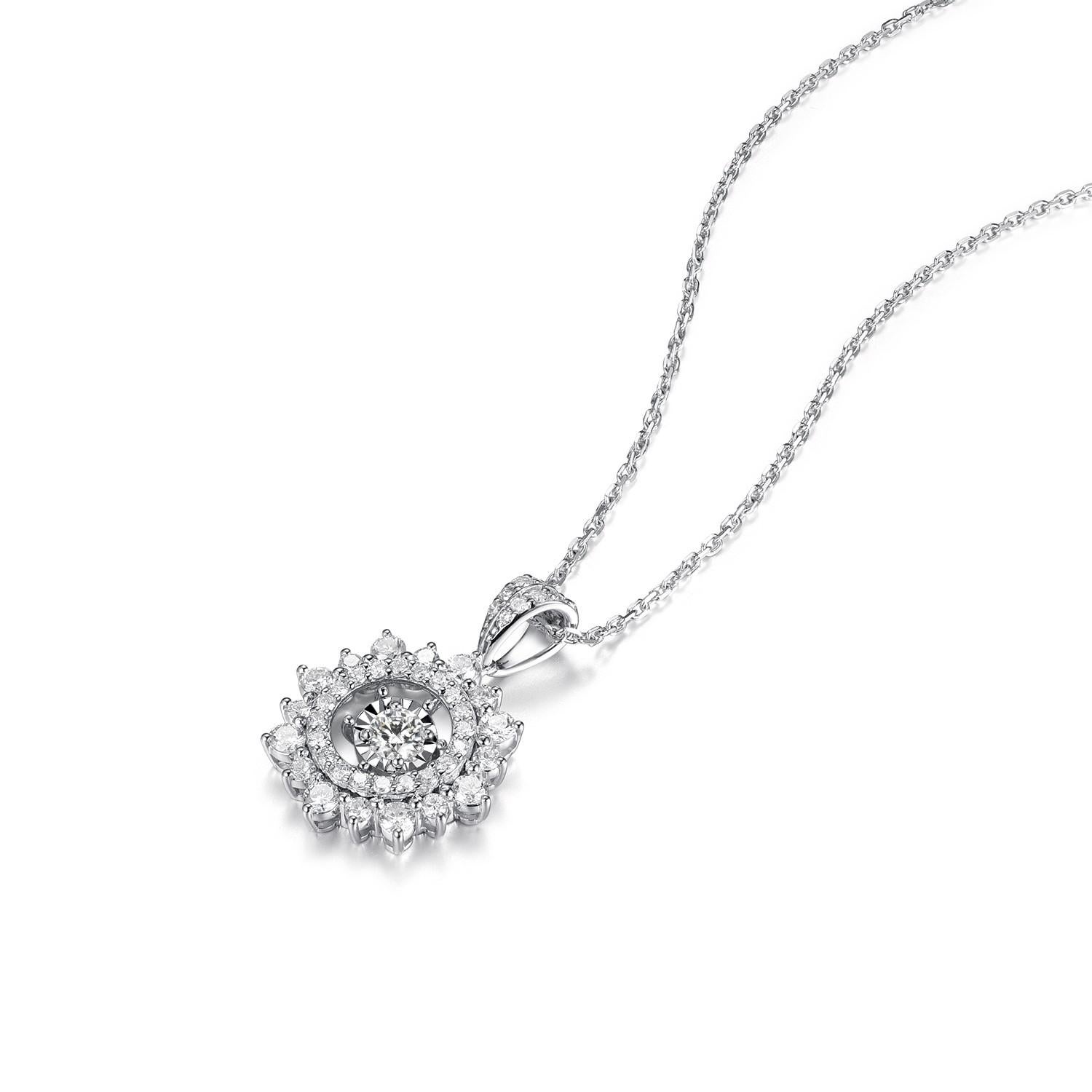 This necklace features 0.11 carat center diamond and 0.52 carat outside round diamond. Necklace is set in 18 karat white gold. The chain length is 17 inch.

Chain 17 inch pendant diameter:13mm
Main Diamond 0.11 carat   
Round Cut Diamonds 0.52