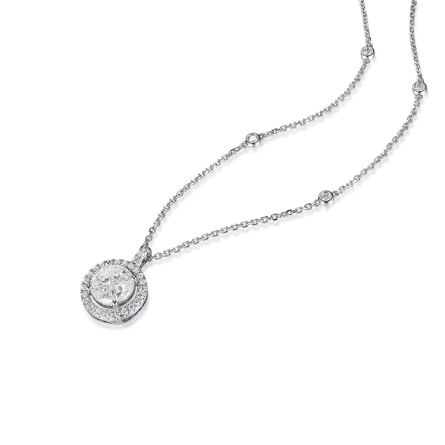 Introducing our stunning necklace that is sure to captivate anyone's attention. The centerpiece of this necklace features 4 pie cut diamonds that come together to form a round diamond, creating a beautiful and unique design. Each diamond is set in a