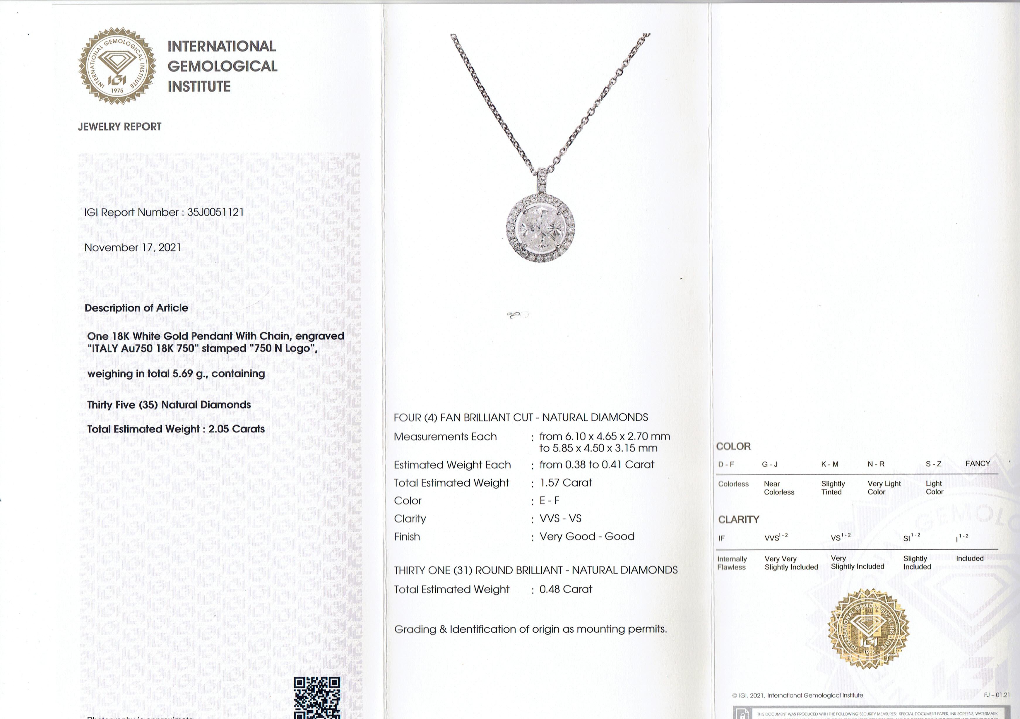 IGI Certifiled 1.57Carat Diamond Necklace in 18 Karat White Gold In New Condition For Sale In Hong Kong, HK