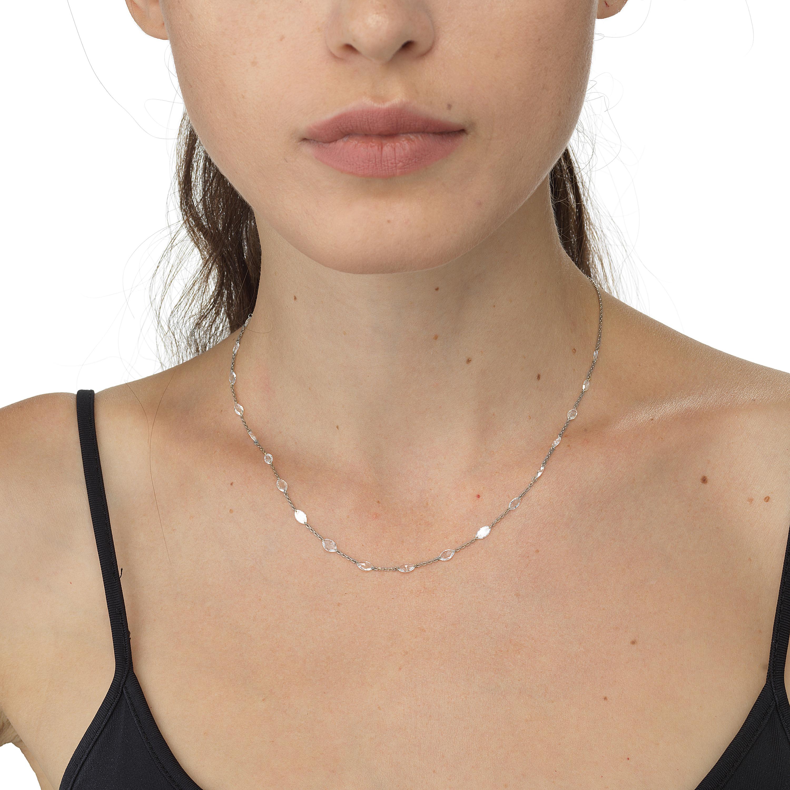 With this cheerful 18K white gold necklace adorned with 2.6Ct total weight marquise shaped diamonds stationed at equal spaces along a delicate cable chain add a whole lot of shimmer to your favorite outfits.
JEWELRY SPECIFICATION:
Approx. Gross