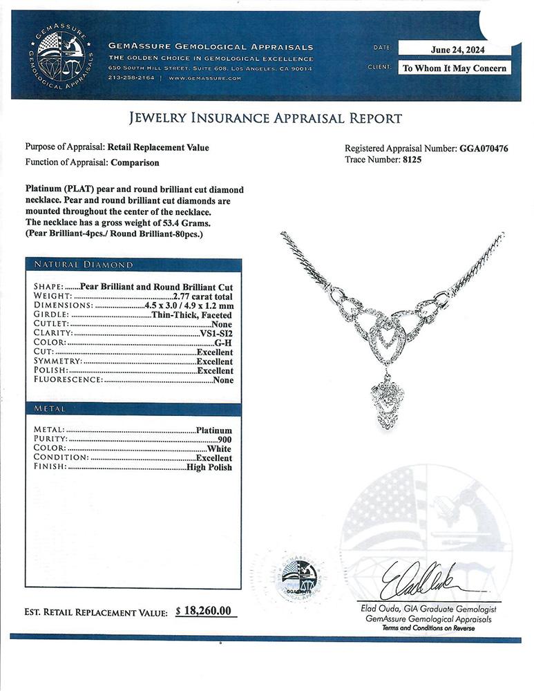 Taglio a goccia Collana di diamanti in platino in vendita