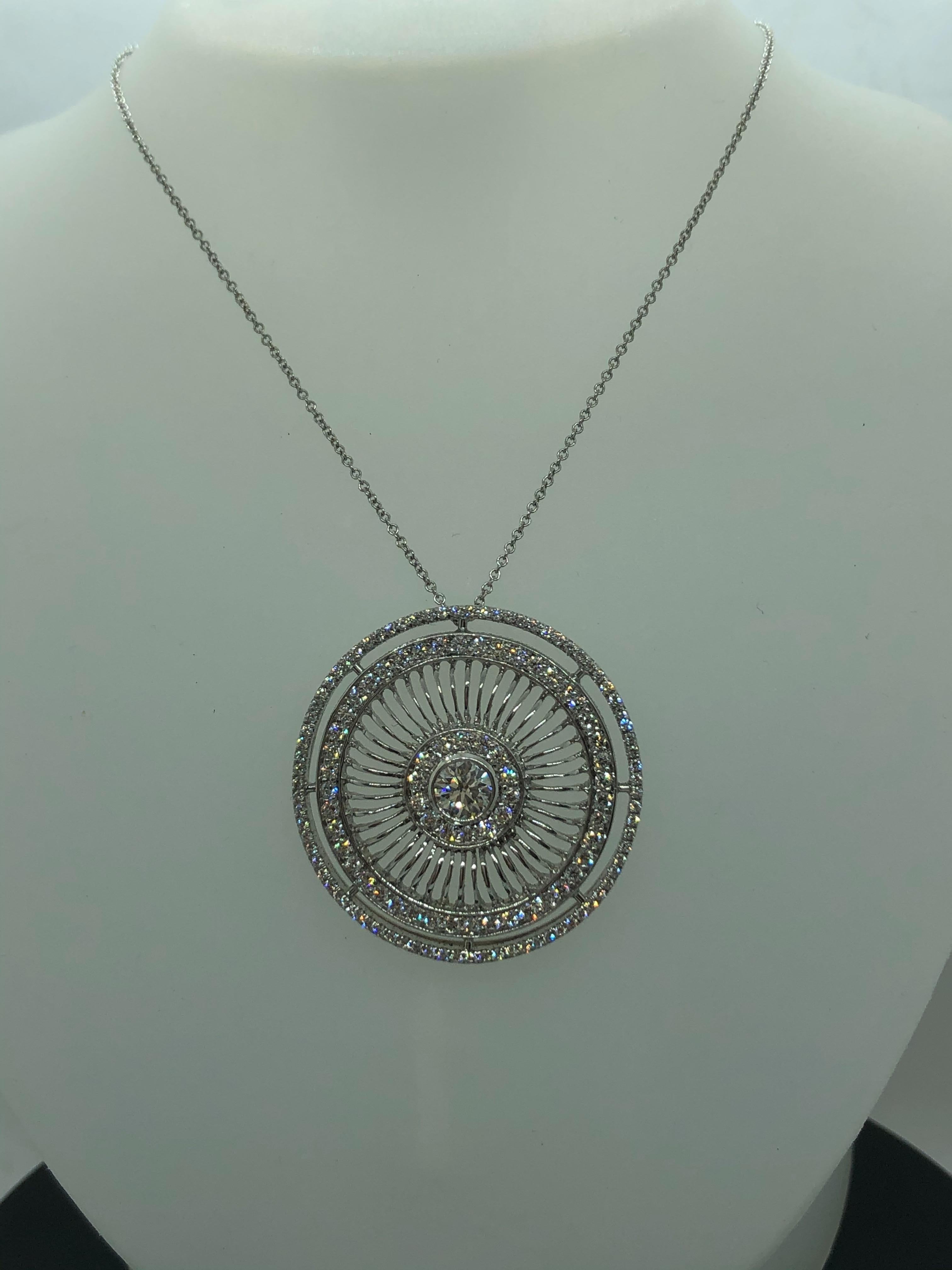 Round Cut Diamond Necklace Circle Pendant 2.32 Carat Total Weight 18 Karat White Gold For Sale