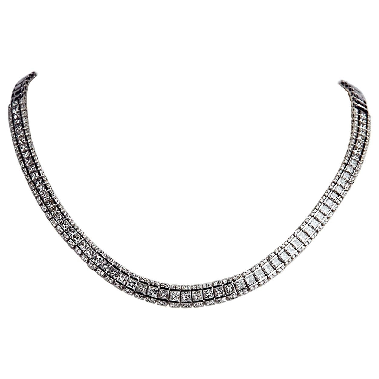Diamond Necklace Set in 18 Karat White Gold Weighing 55.08 gms and 14.67 Carat For Sale