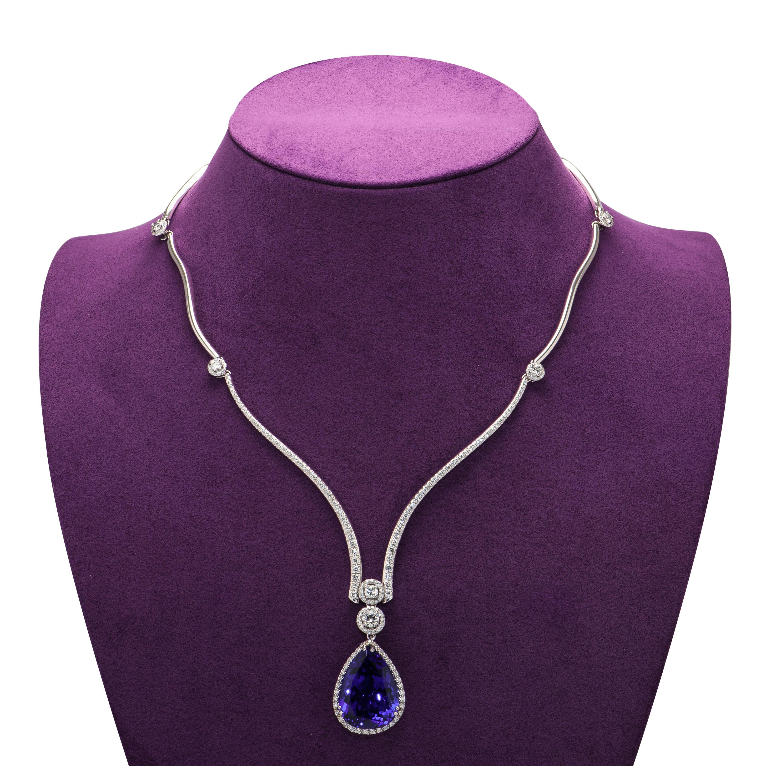 Contemporary Diamond Necklace Suspending a Spectacular 31 Carat Tanzanite Drop Pendant For Sale