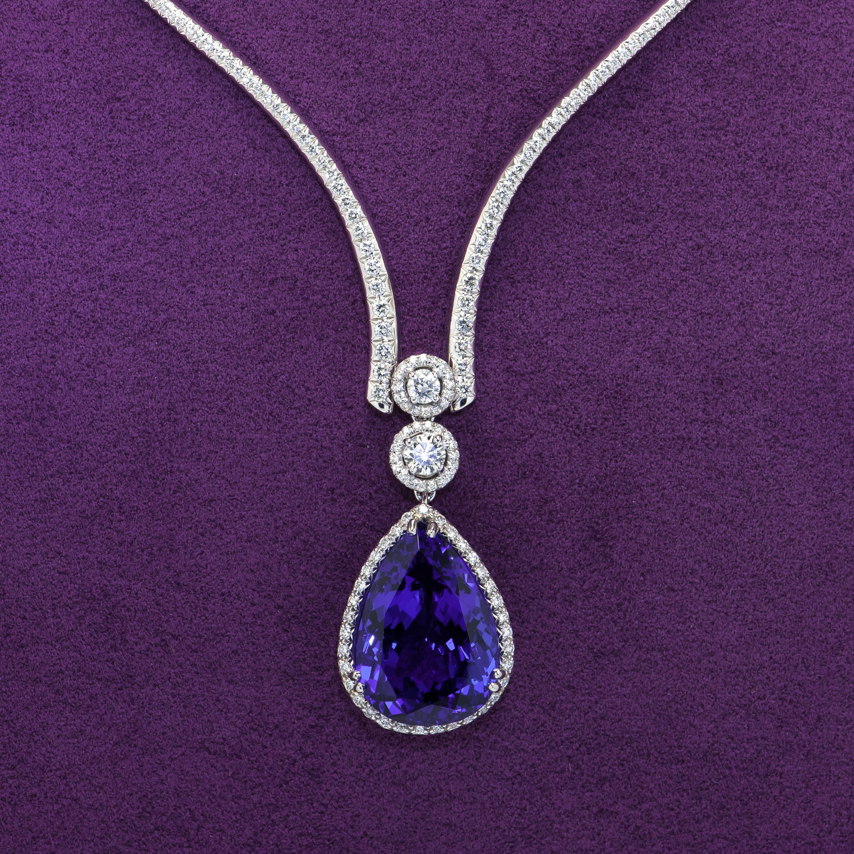 Mixed Cut Diamond Necklace Suspending a Spectacular 31 Carat Tanzanite Drop Pendant For Sale