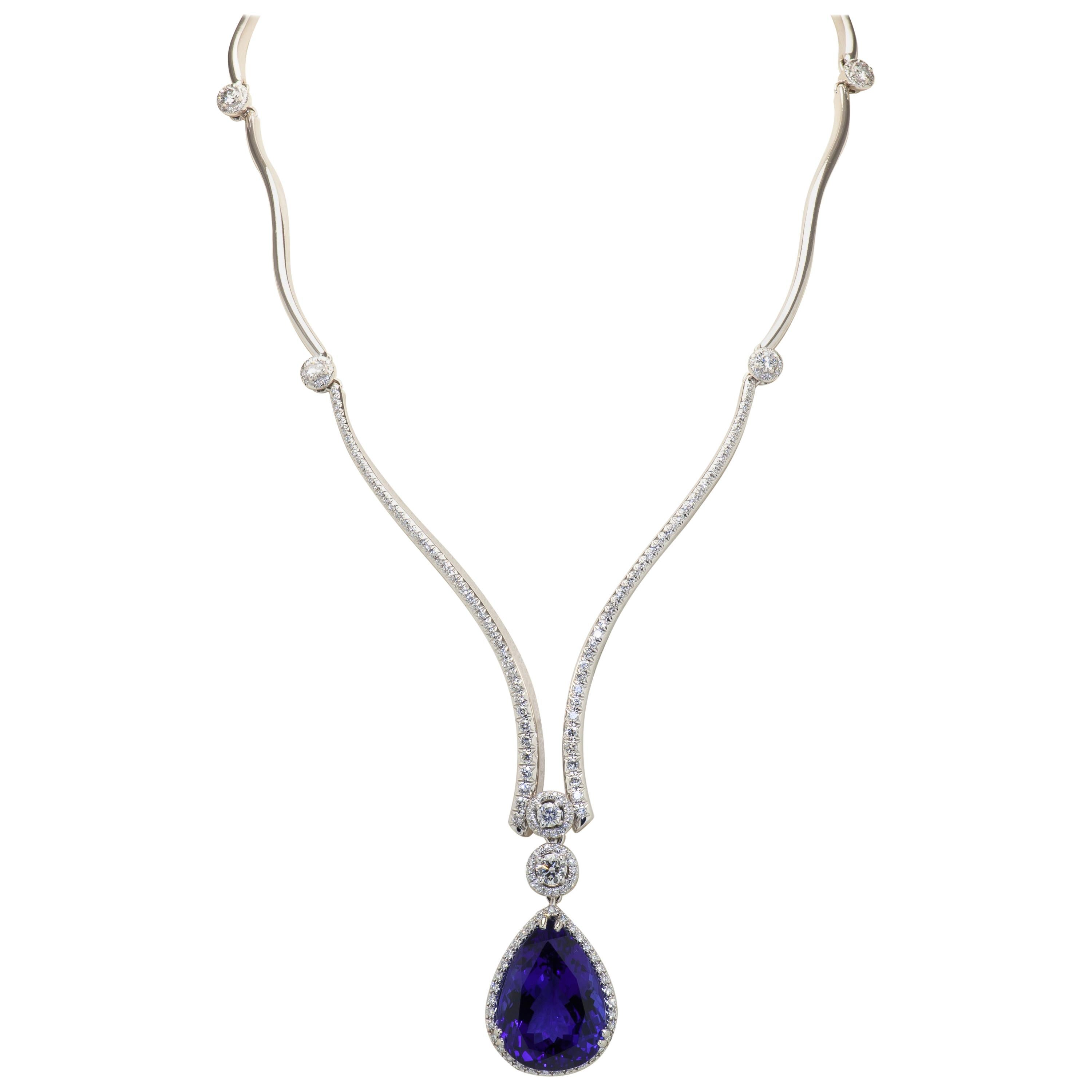 Diamond Necklace Suspending a Spectacular 31 Carat Tanzanite Drop Pendant