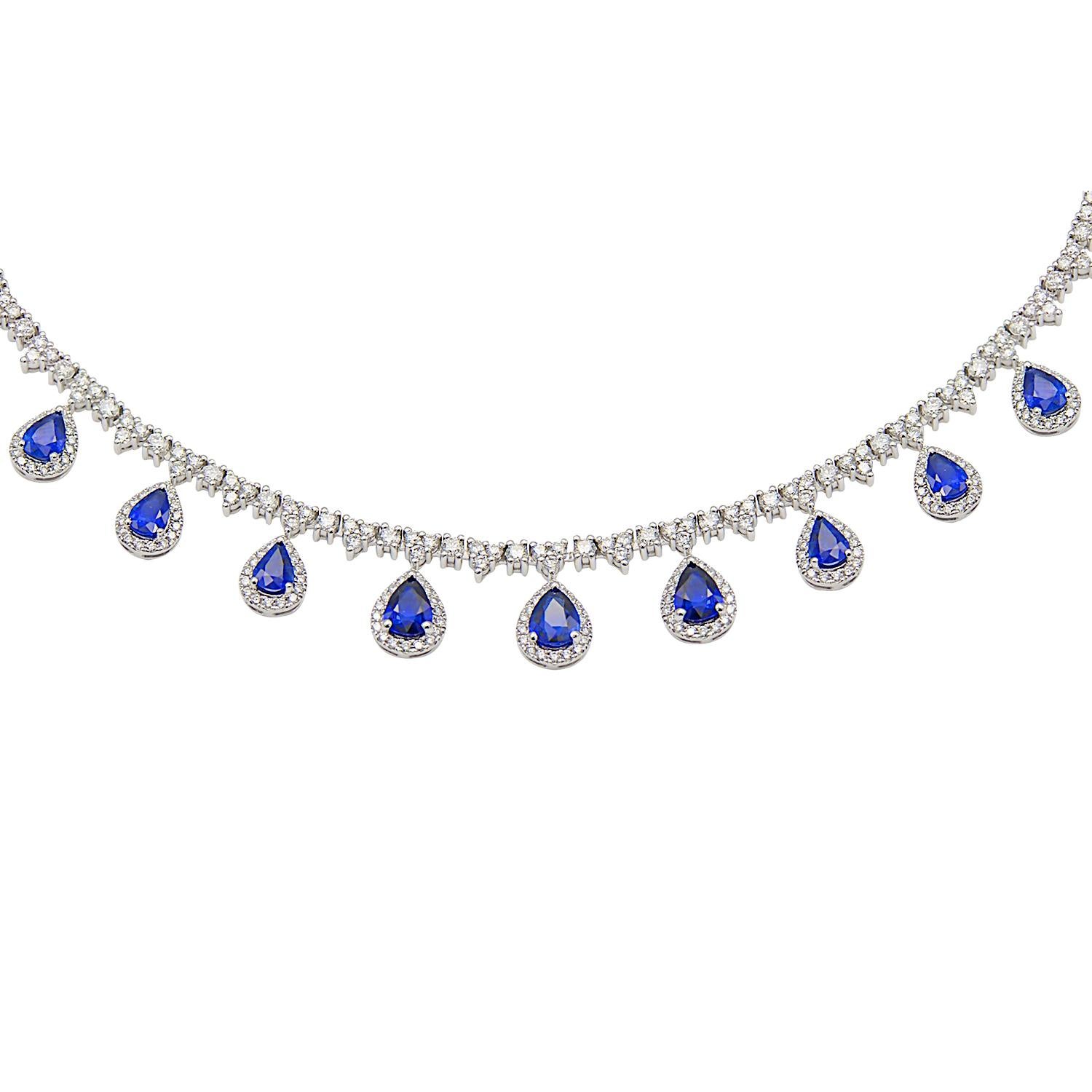 Contemporary Diamond Necklace with Diamond Halo Sapphire Pears For Sale