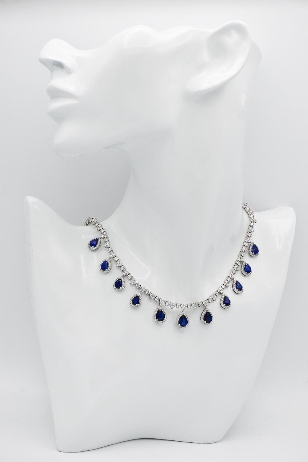 Pear Cut Diamond Necklace with Diamond Halo Sapphire Pears For Sale