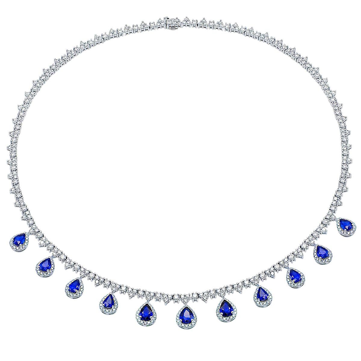 Diamond Necklace with Diamond Halo Sapphire Pears For Sale