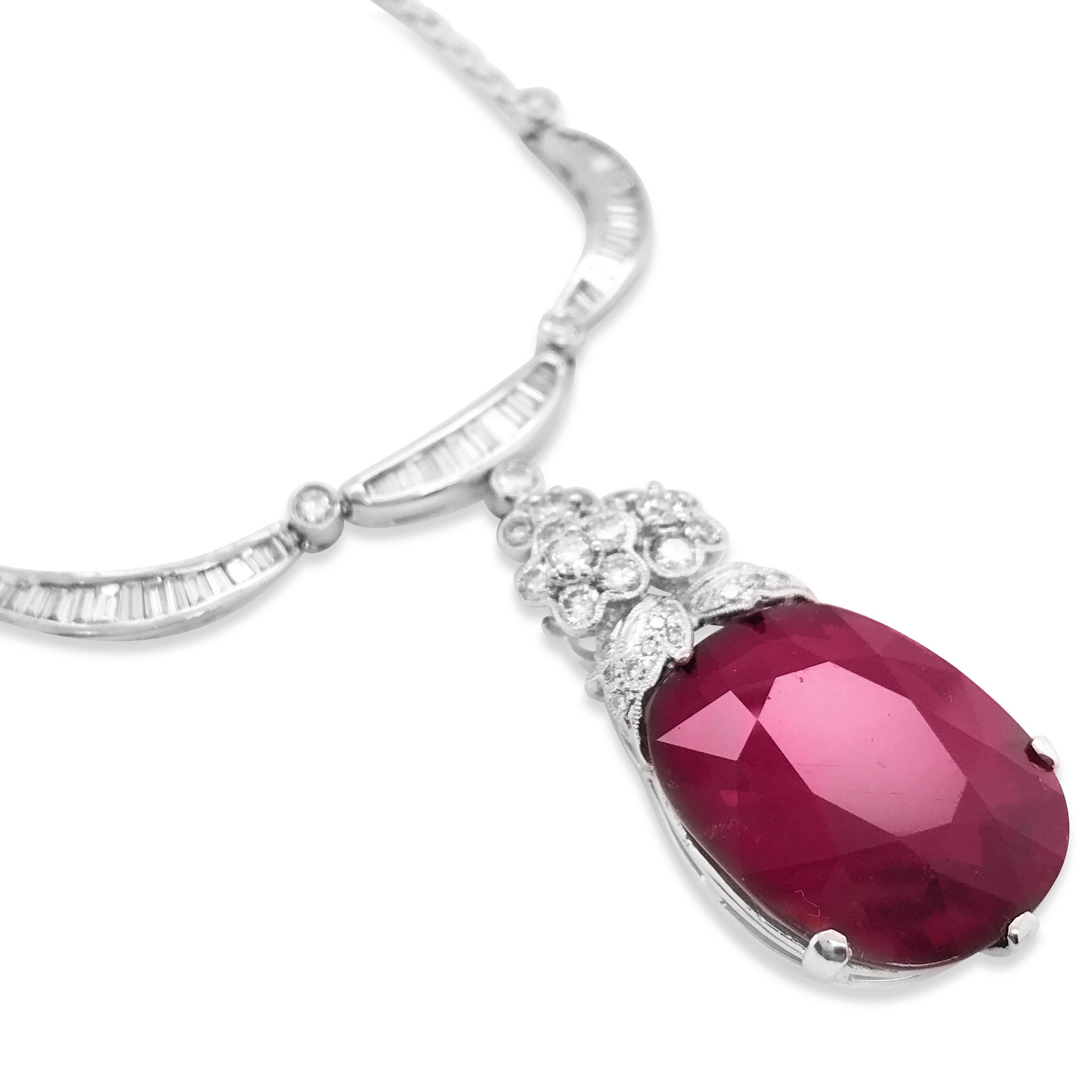 Round Cut Diamond Necklace with Garnet Droplet For Sale