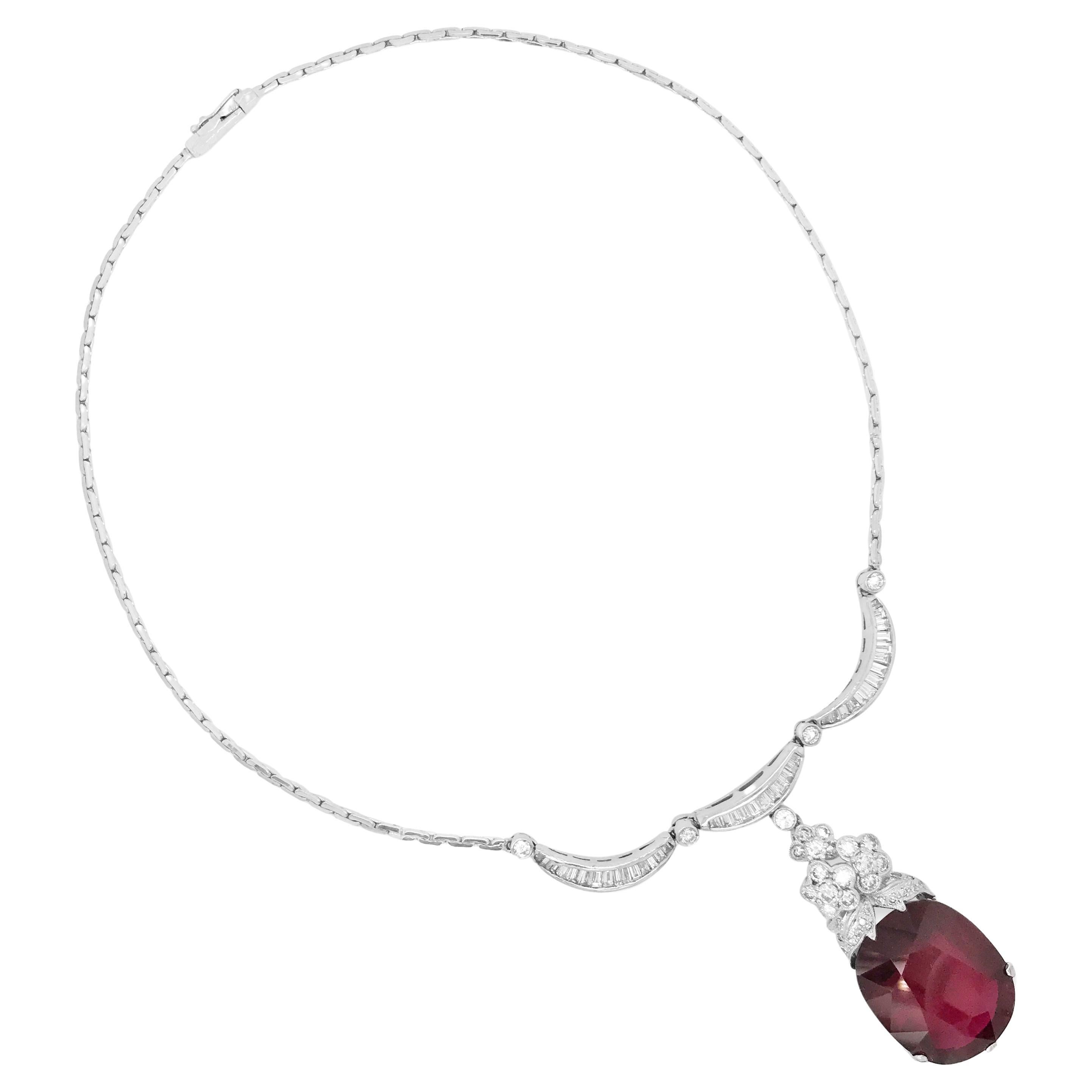 Diamond Necklace with Garnet Droplet For Sale