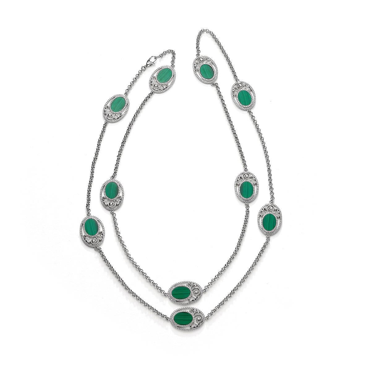 Necklace in 18kt white gold set with 850 diamonds 5.62 cts and 10 malachites 31.02 cts