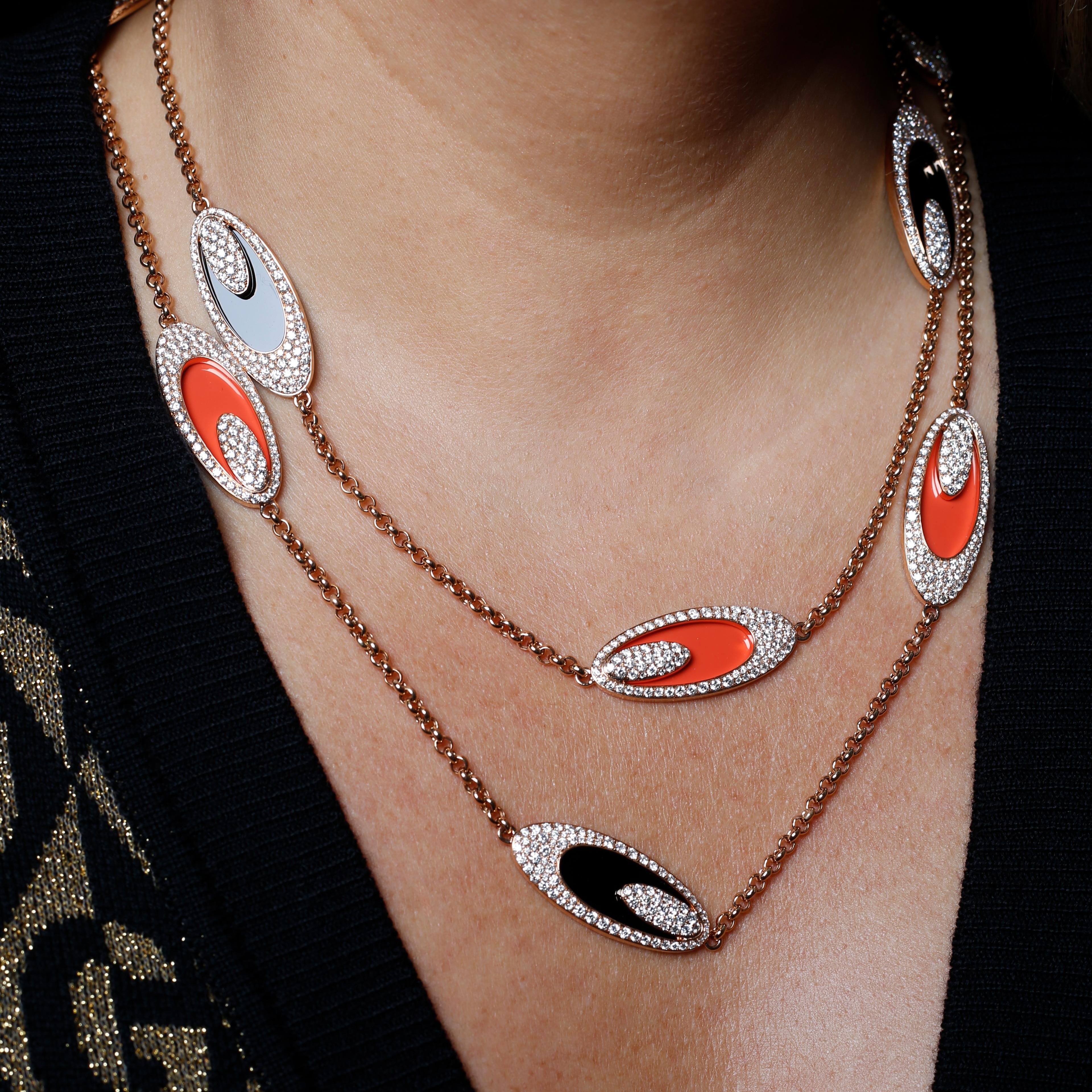Diamond Necklace with Onyx and Coral For Sale 1