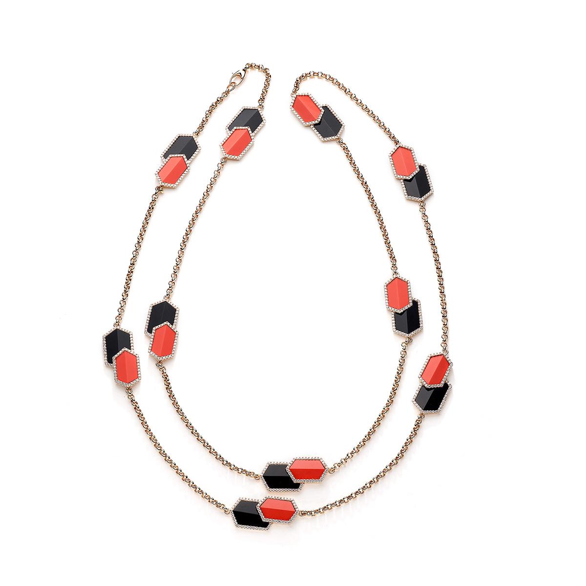Necklace in 18kt pink gold set with 640 diamonds 4.84 cts, 10 onyx 24.23 cts and 10 coral 28.90 cts
