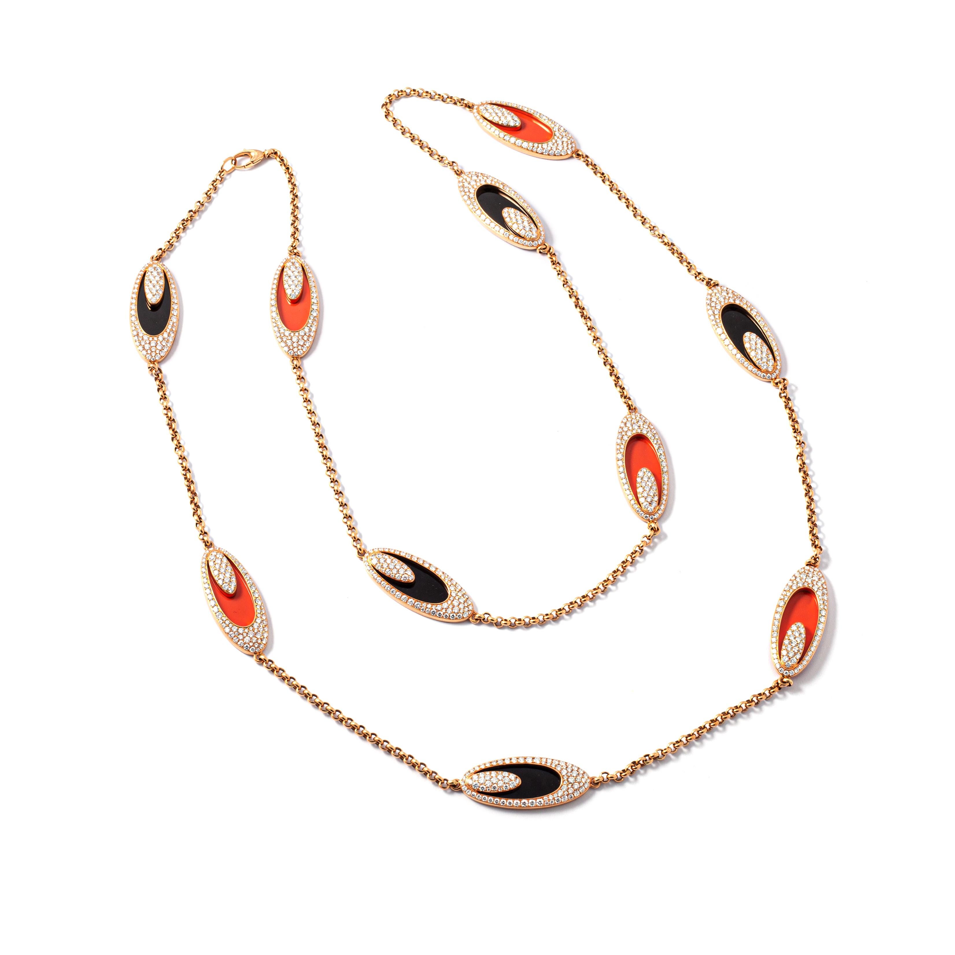 Contemporary Diamond Necklace with Onyx and Coral For Sale