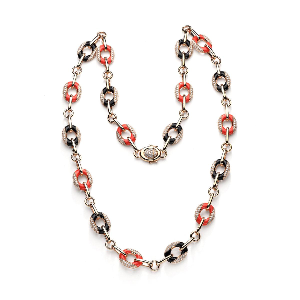 Contemporary Diamond Necklace with Onyx and Coral For Sale