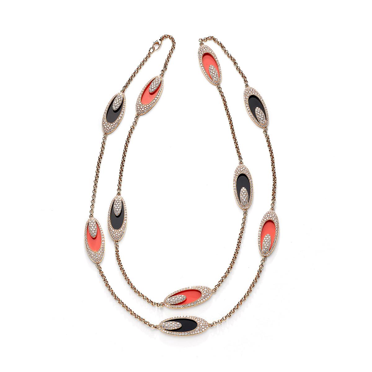 Necklace in 18kt pink gold set with 920 diamonds 14.37 cts, 5 onyx 24.83 cts and 5 coral 18.41 cts