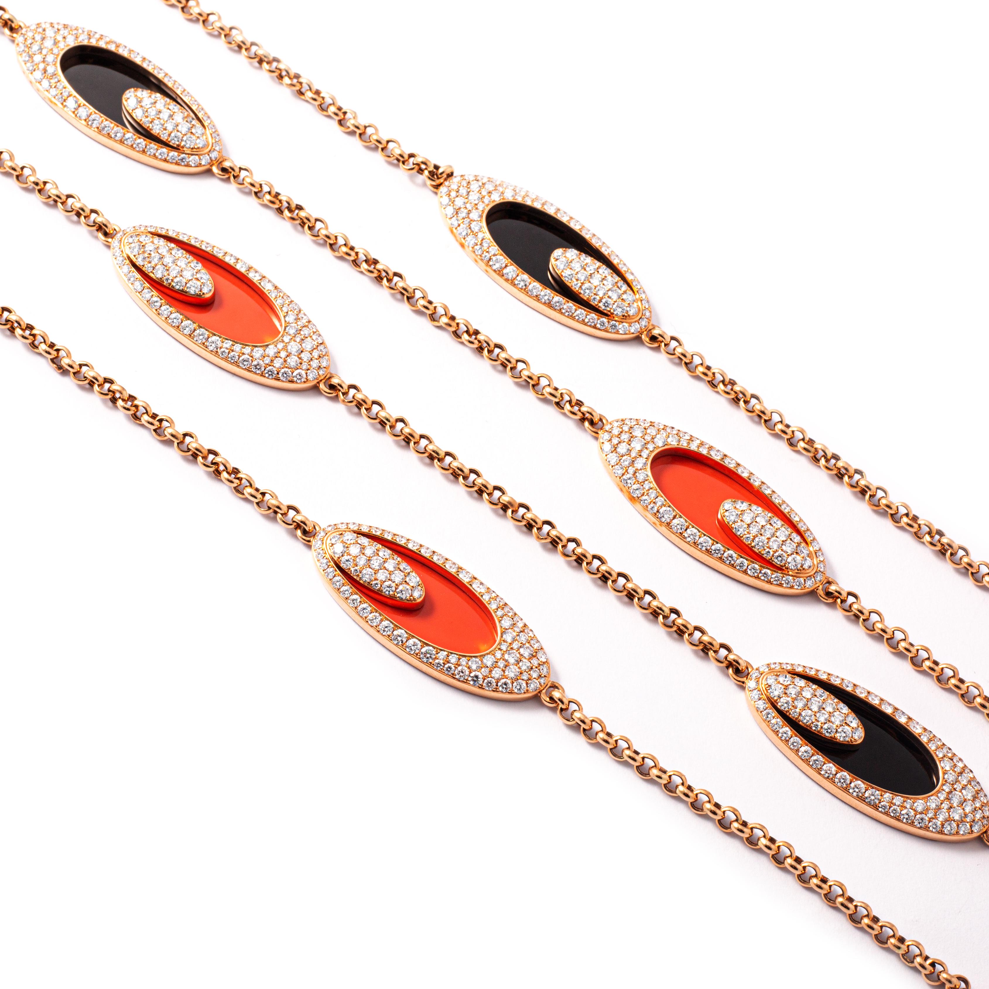 Oval Cut Diamond Necklace with Onyx and Coral For Sale