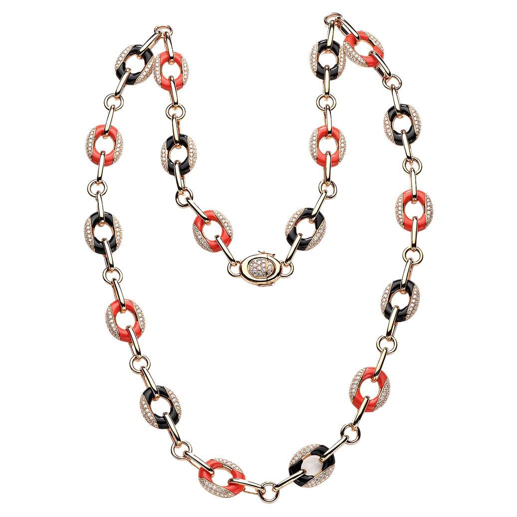 Diamant-Halskette mit Onyx und Koralle