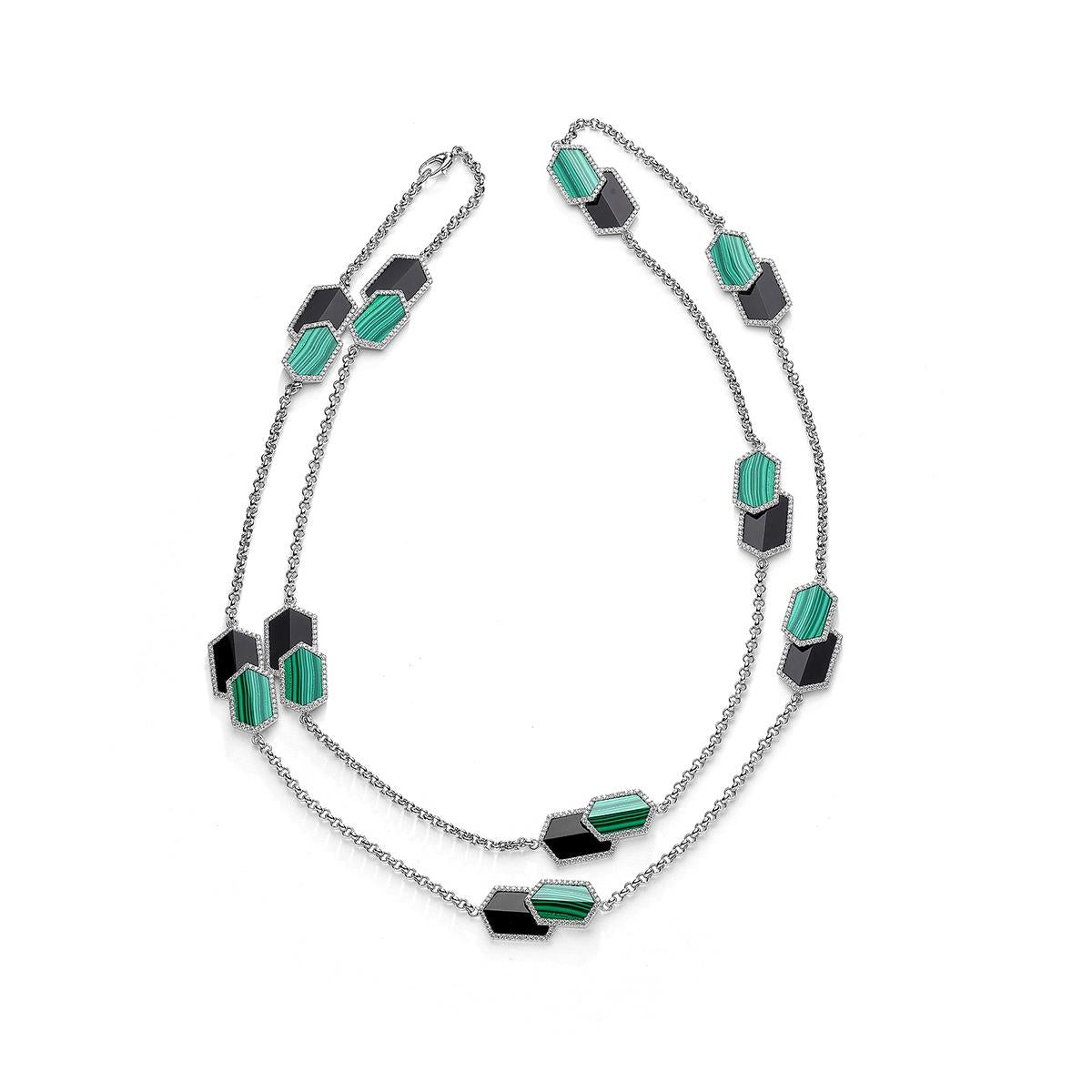 Necklace in 18kt white gold set with 640 diamonds 4.84 cts, 10 onyx 23.83 cts and 10 malachites 60.78 cts
