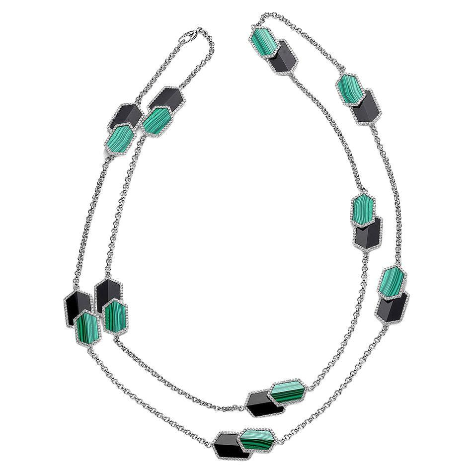 Diamond Necklace with Onyx and Malachites For Sale
