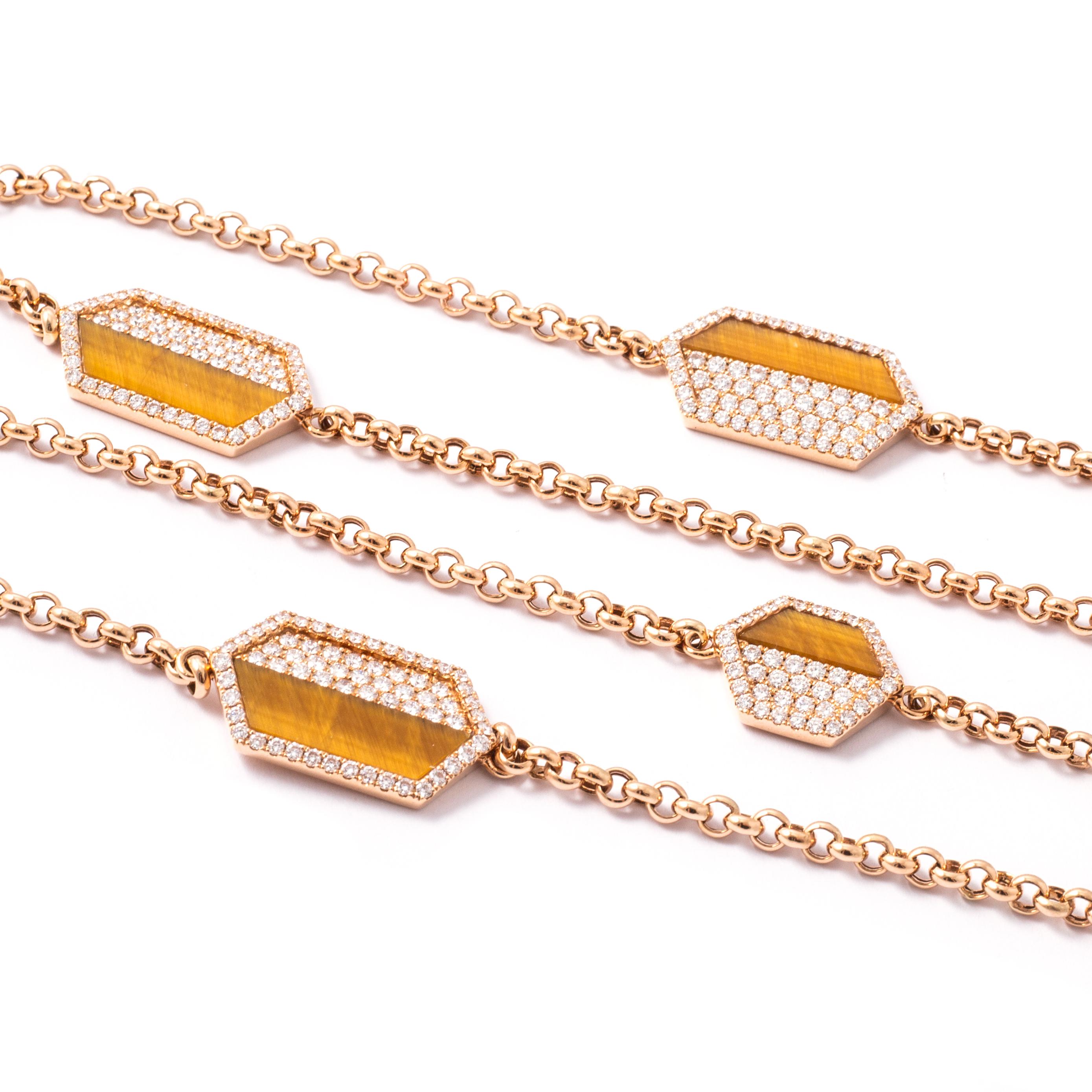 Collana in oro rosa 18kt con 562 diamanti da 6,14 carati e 10 occhi di tigre da 15,44 carati