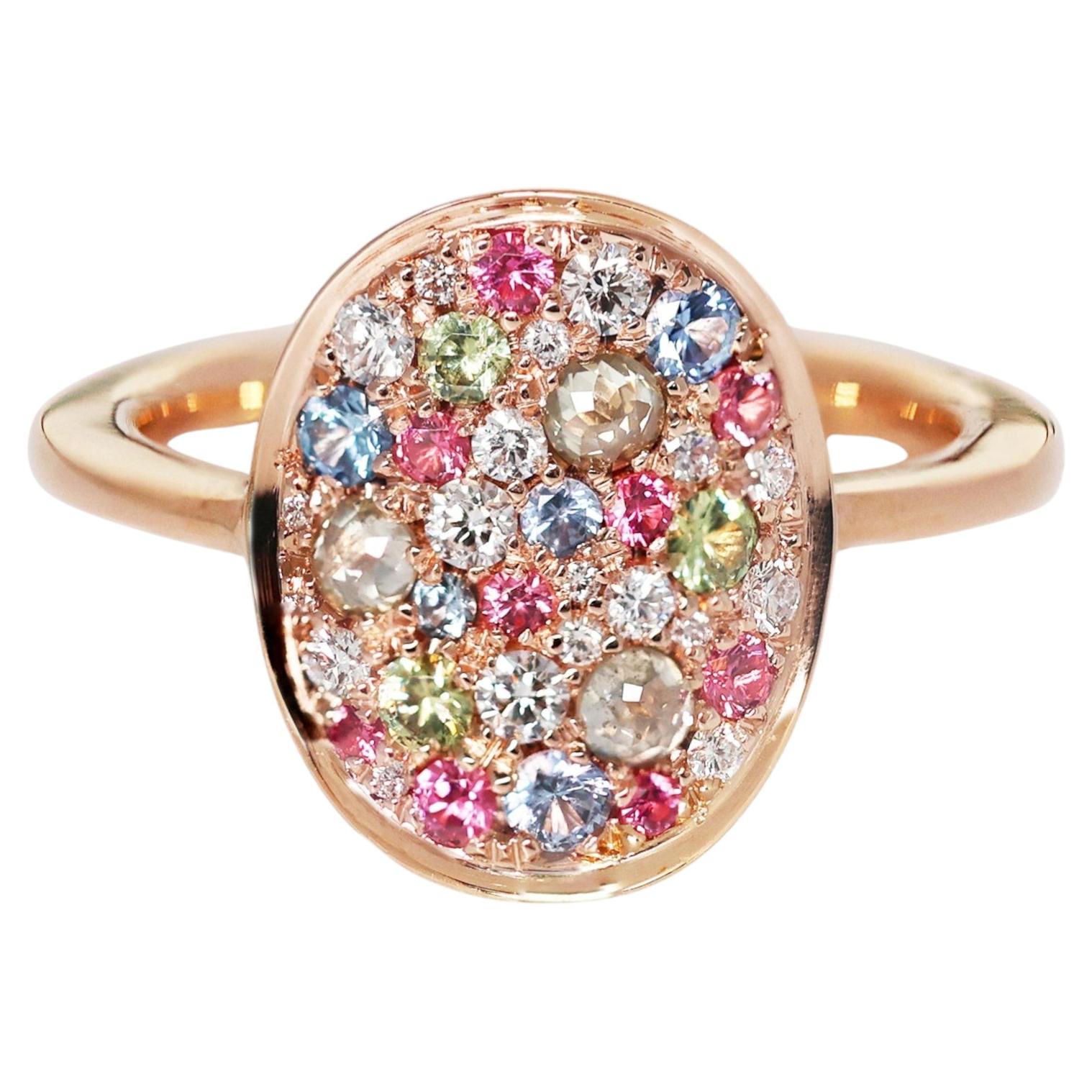 Diamant No Heat Blauer Saphir Rosa Spinell Demantoid Pavé 18K Rose Gold Ring