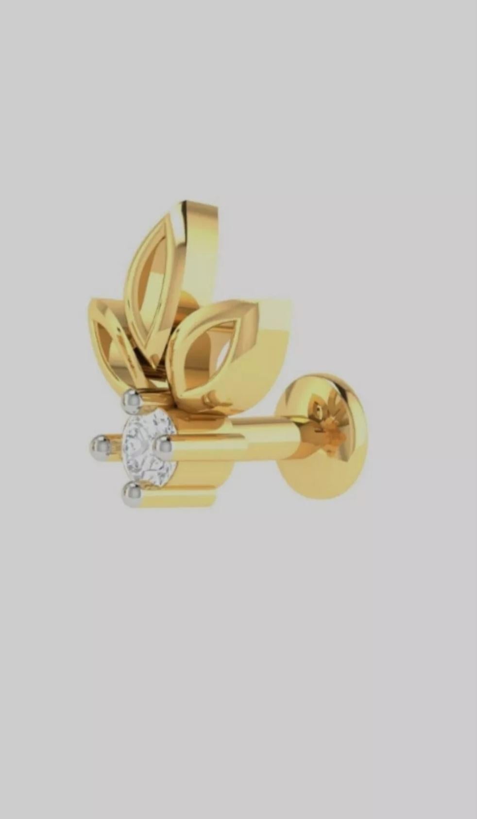 Alfiler de nariz de diamante Joyería Piercing de oro amarillo de 14 quilates Alfiler de nariz de diamante canario Tornillo. Art Decó en venta