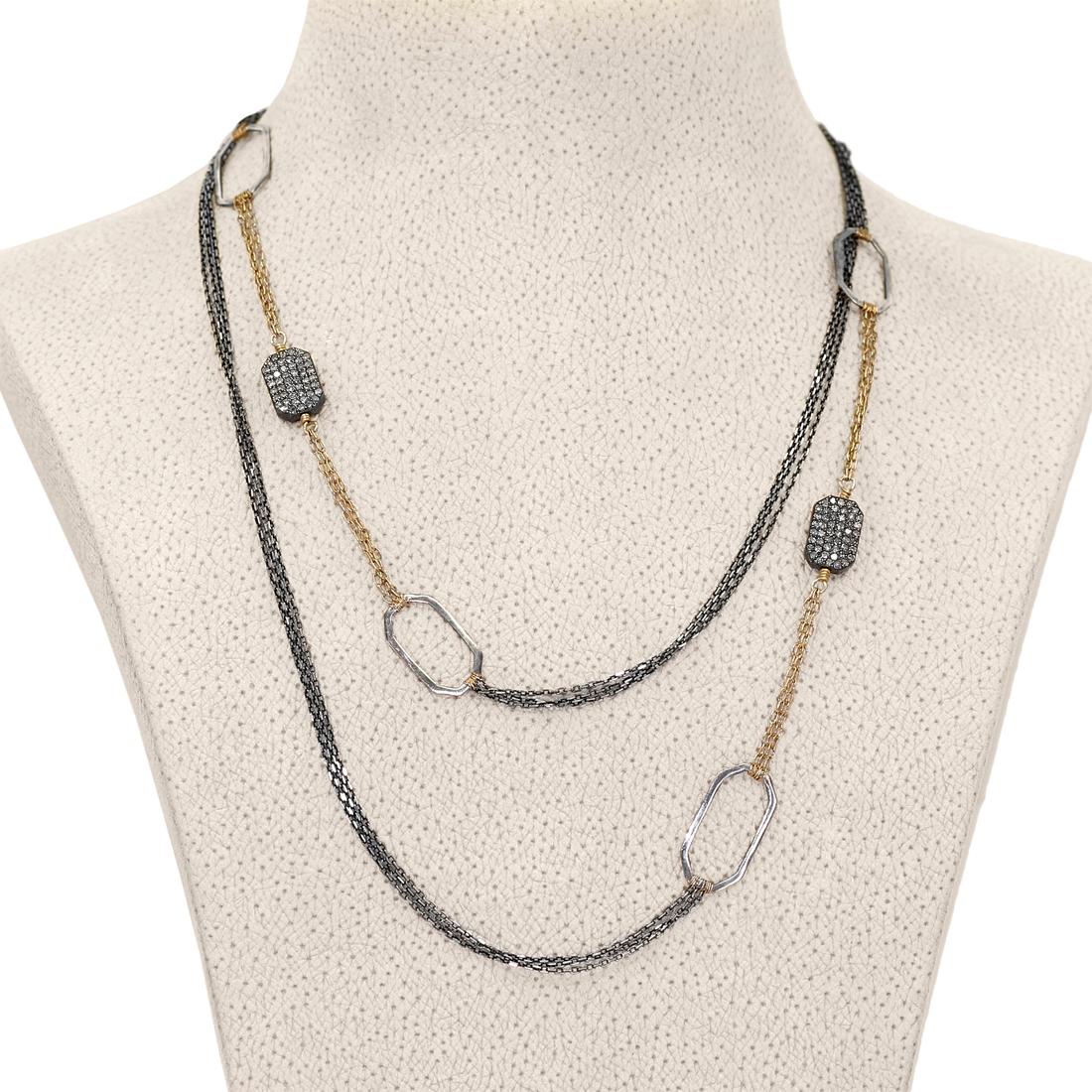 Wear it long, doubled, or as a lariat! One of a Kind Necklace handmade by award-winning jewelry designer Dana Kellin, featuring two octagonal, double-sided, shimmering  pave diamond elements set in oxidized sterling silver that connect to 14k yellow