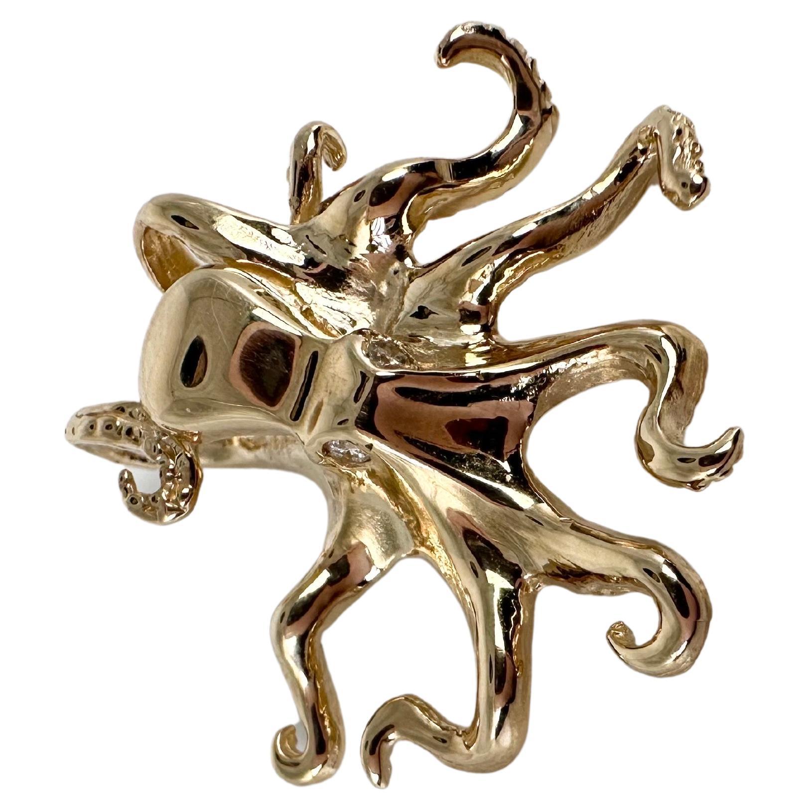 Diamond octopus pendant necklace sea pendant necklace 14KT gold unique art piece For Sale