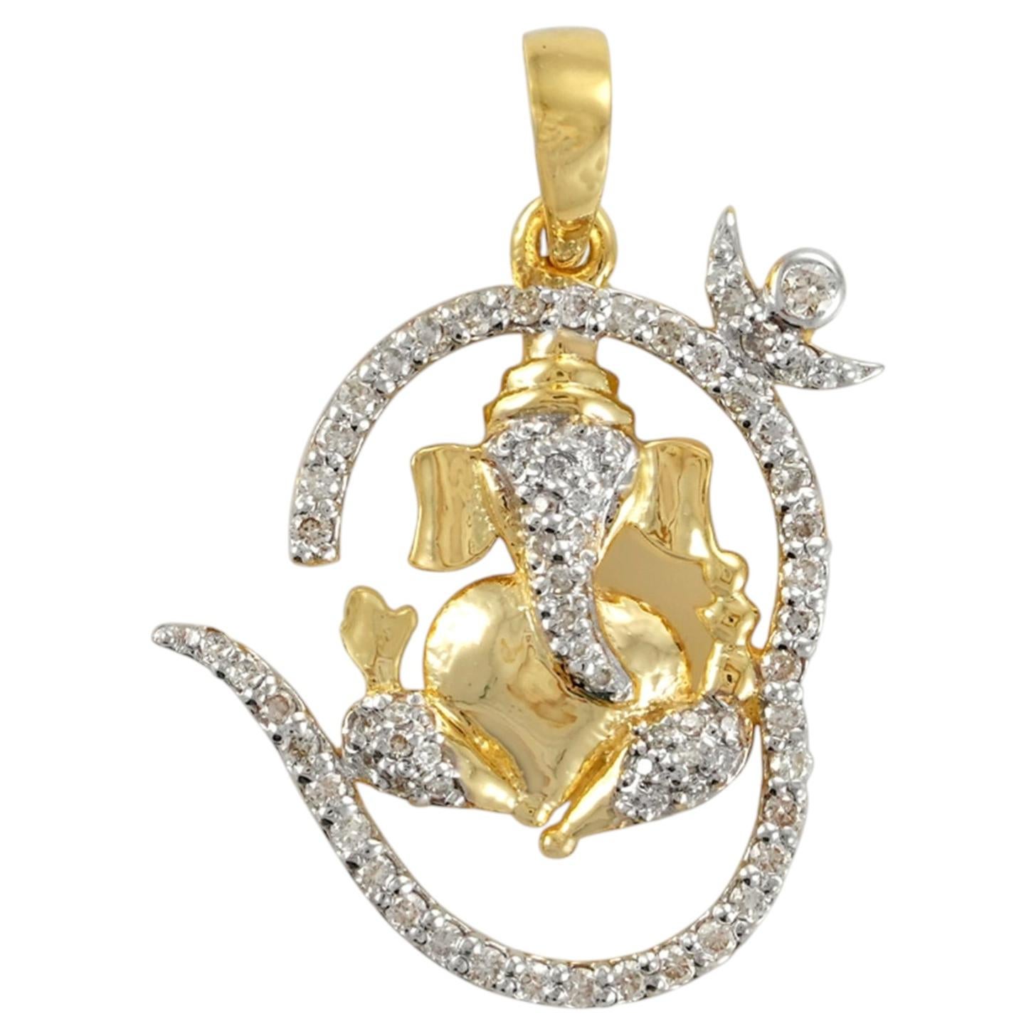 Colgante de joyería fina religiosa hindú con el símbolo de Ganesha, de oro de 14k con diamantes en venta