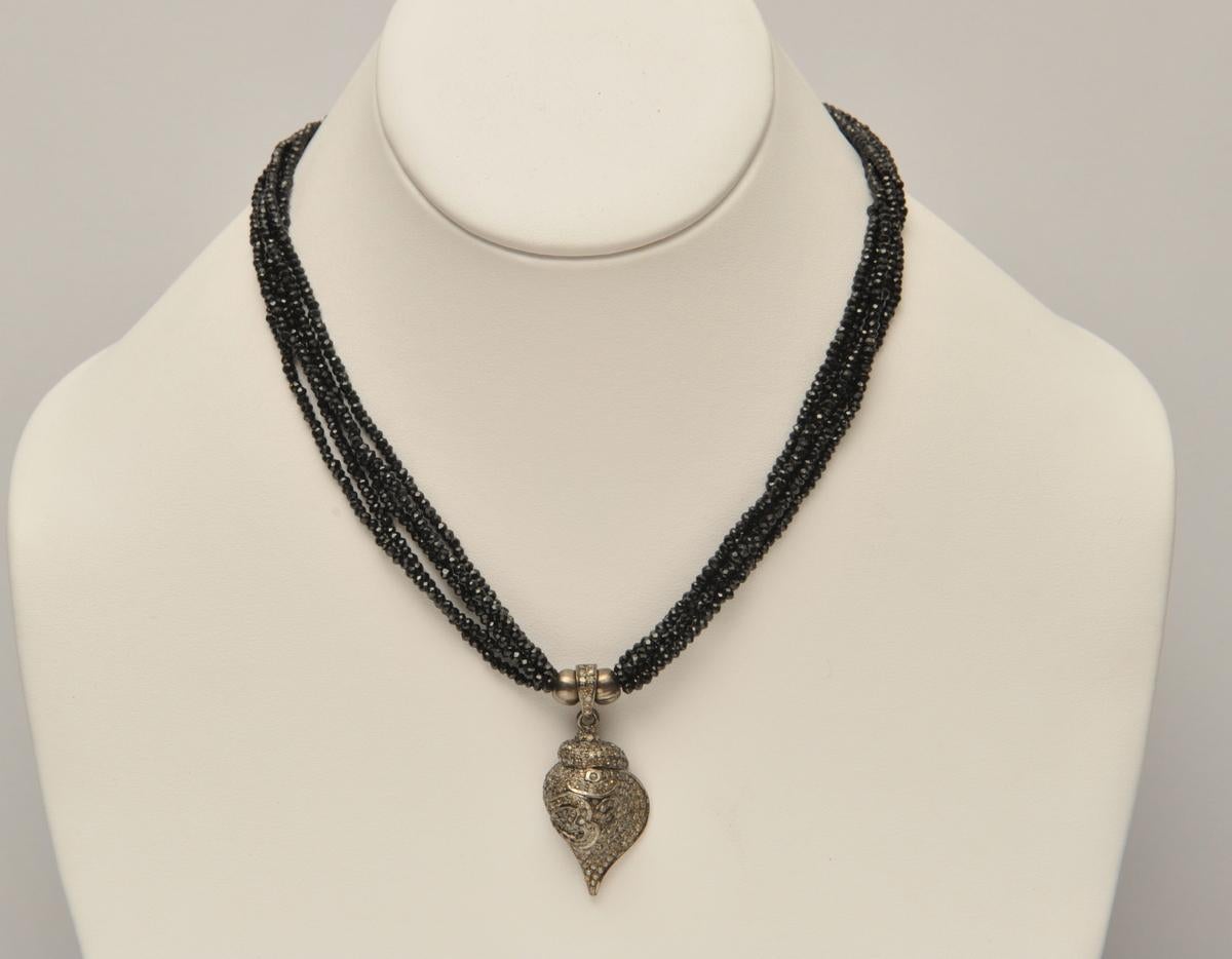 Round Cut Diamond Om Symbol on Conch Shell Pendant with Black Spinel Beaded Necklace