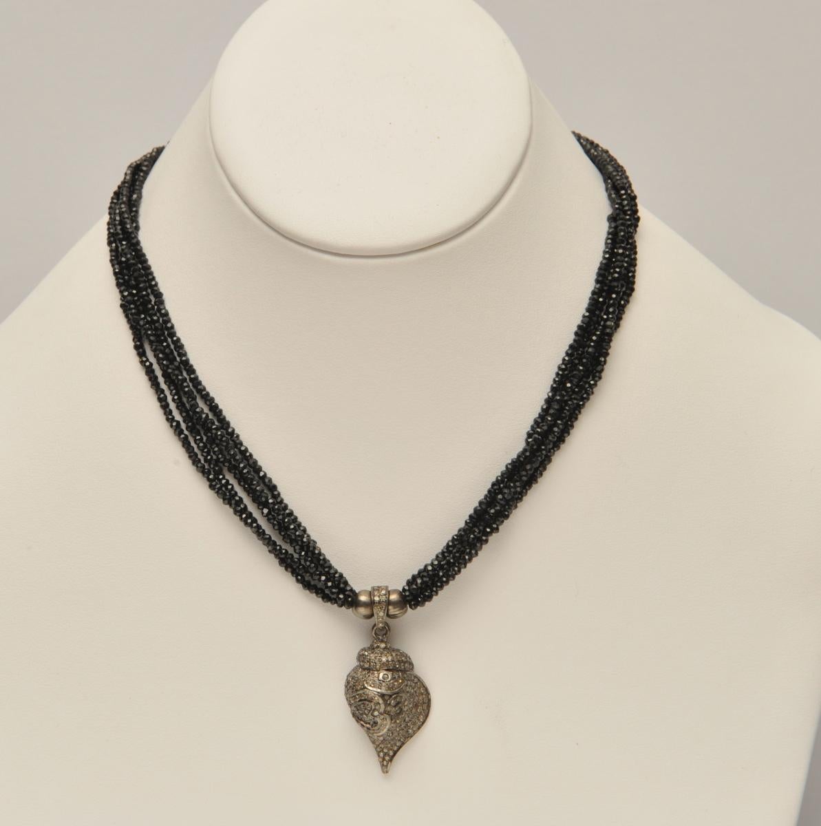 Diamond Om Symbol on Conch Shell Pendant with Black Spinel Beaded Necklace In Excellent Condition In Nantucket, MA