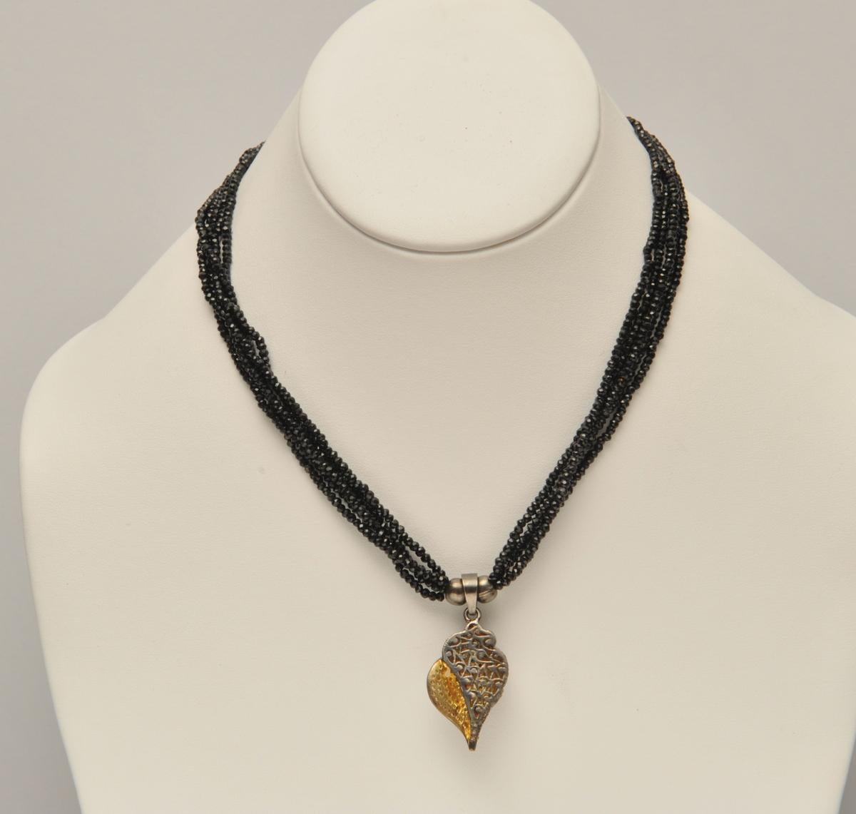 Women's or Men's Diamond Om Symbol on Conch Shell Pendant with Black Spinel Beaded Necklace