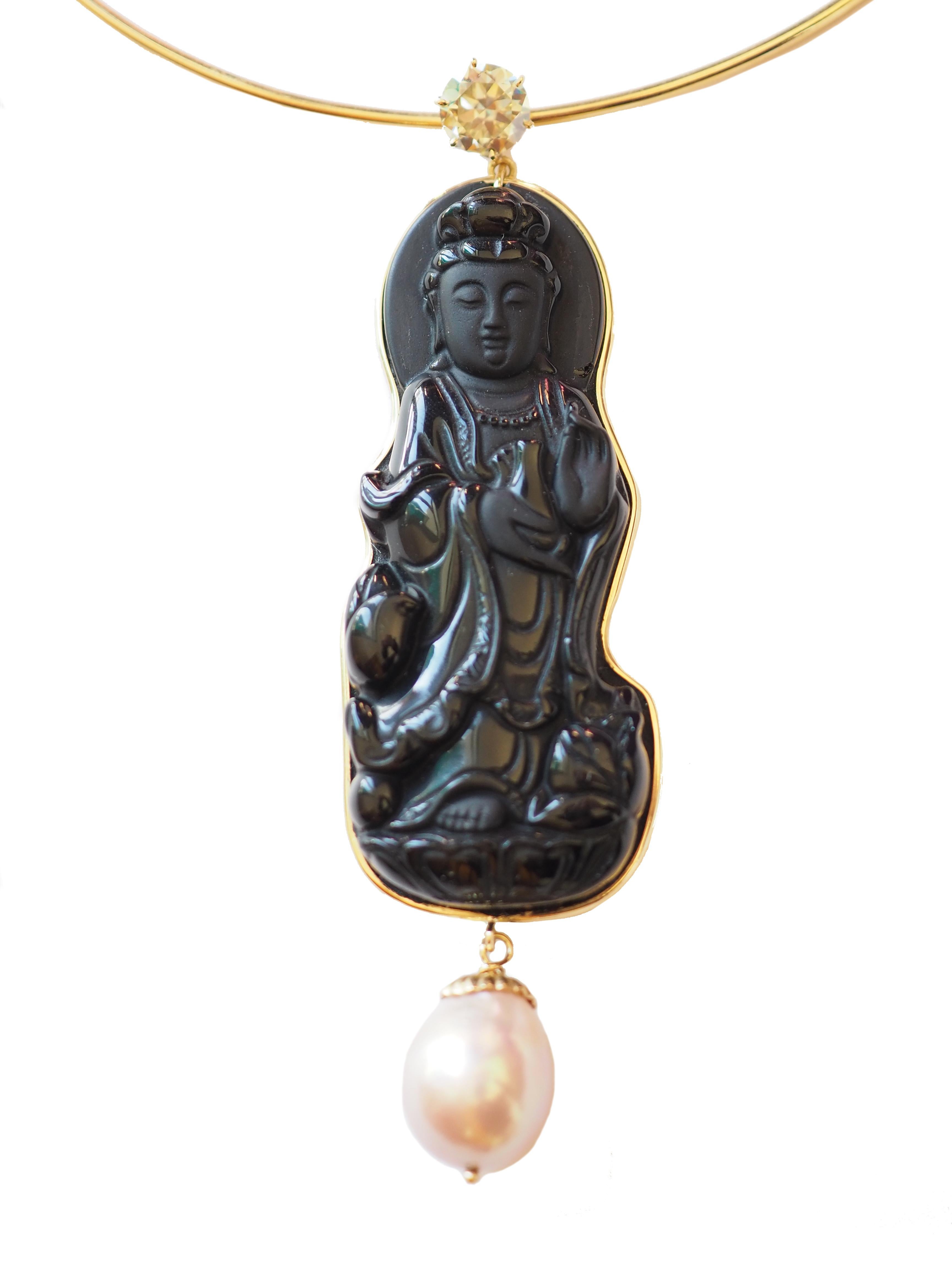 Artisan Diamond Onix  Buddha Gold Necklace gold 18k For Sale