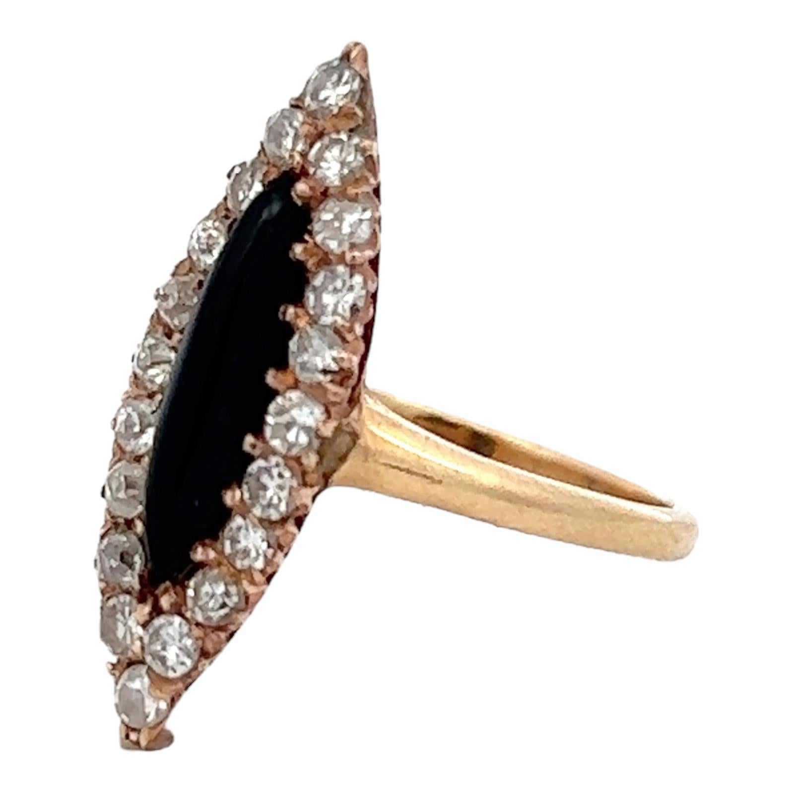 Old Mine Cut Diamond Onyx 14 Karat Yellow Gold Antique Navette Cocktail Ring  For Sale