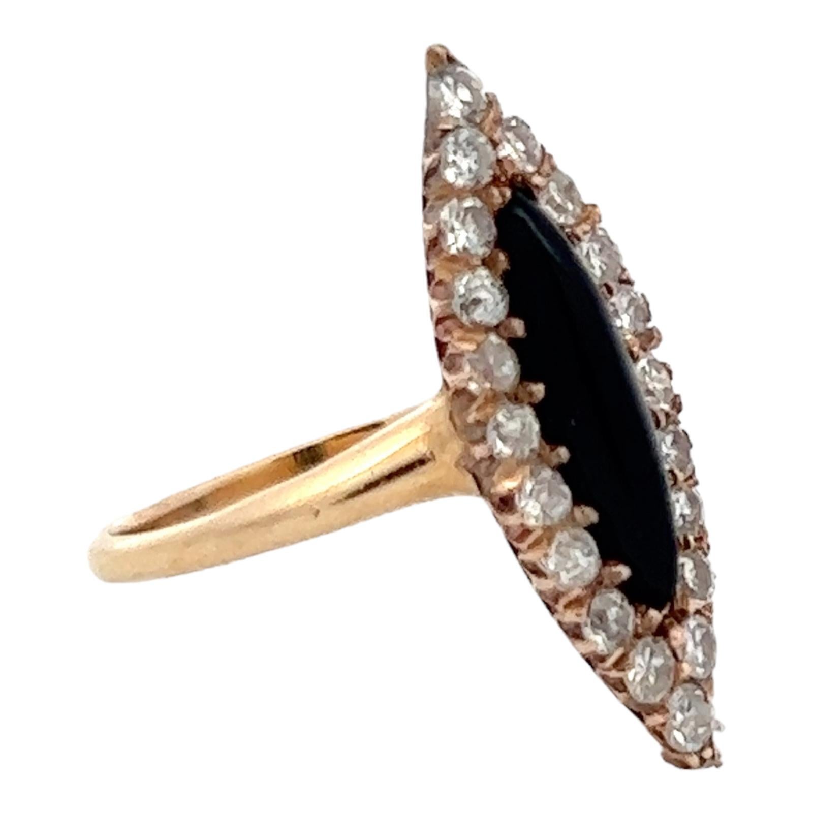 Diamond Onyx 14 Karat Yellow Gold Antique Navette Cocktail Ring  In Excellent Condition For Sale In Boca Raton, FL