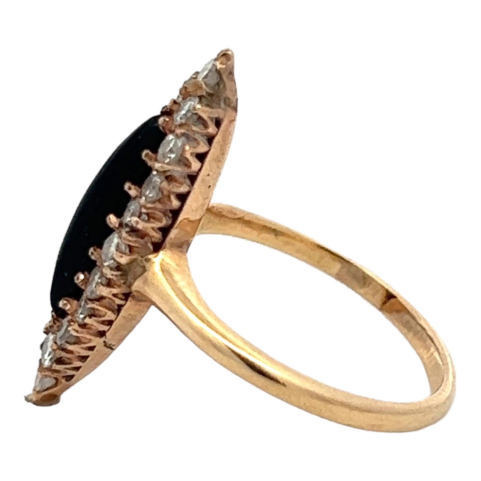 Women's Diamond Onyx 14 Karat Yellow Gold Antique Navette Cocktail Ring  For Sale