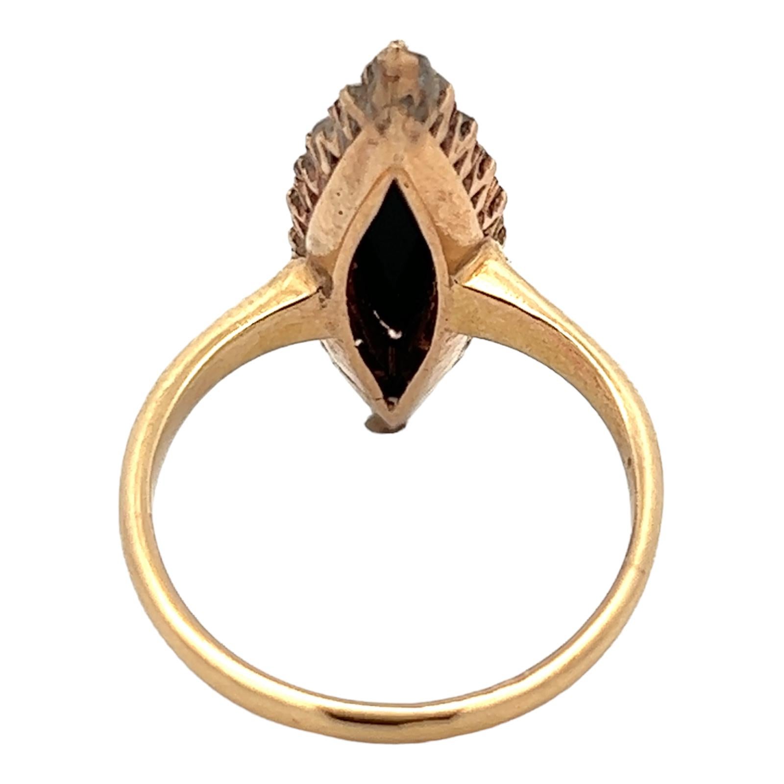 Diamond Onyx 14 Karat Yellow Gold Antique Navette Cocktail Ring  For Sale 1