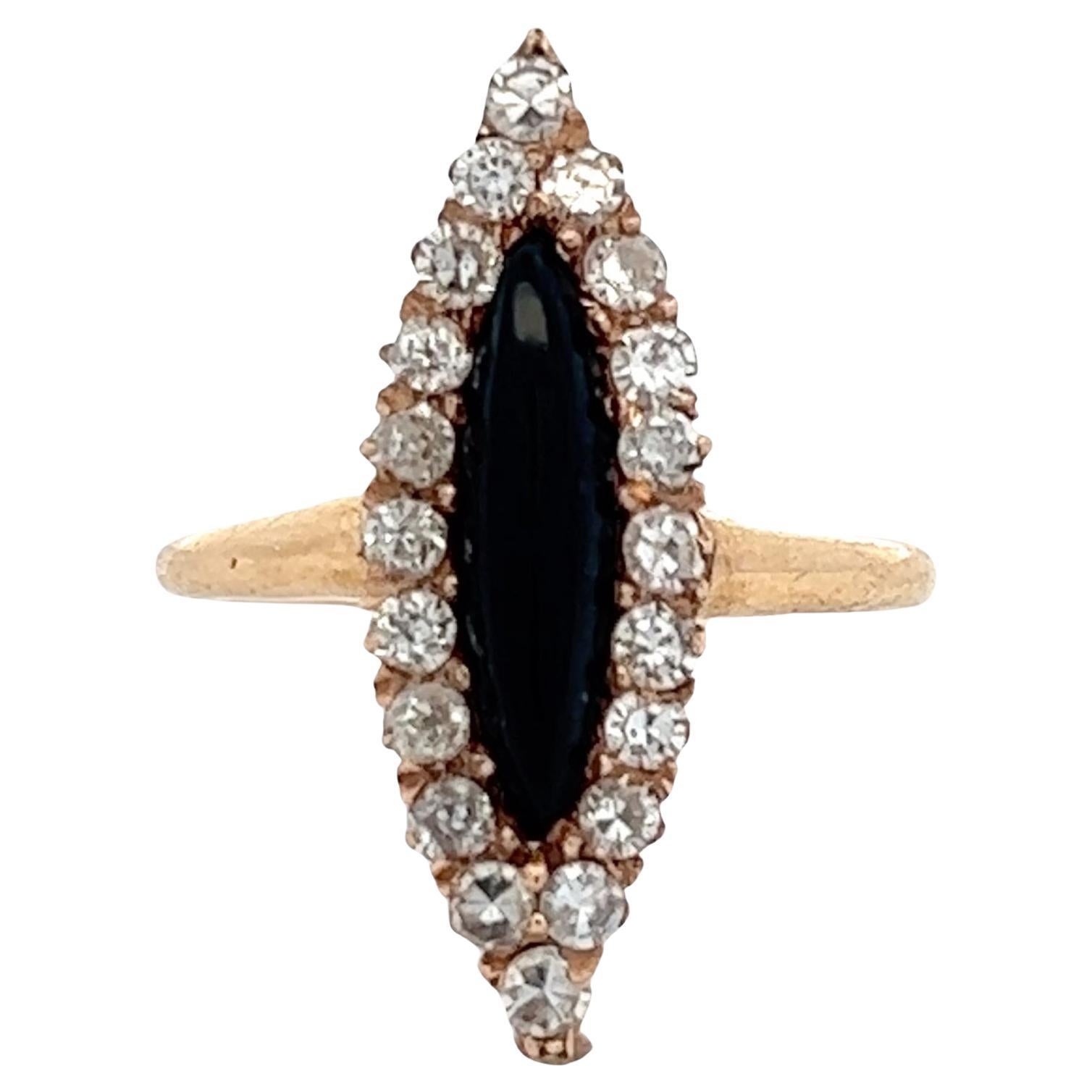 Diamond Onyx 14 Karat Yellow Gold Antique Navette Cocktail Ring  For Sale
