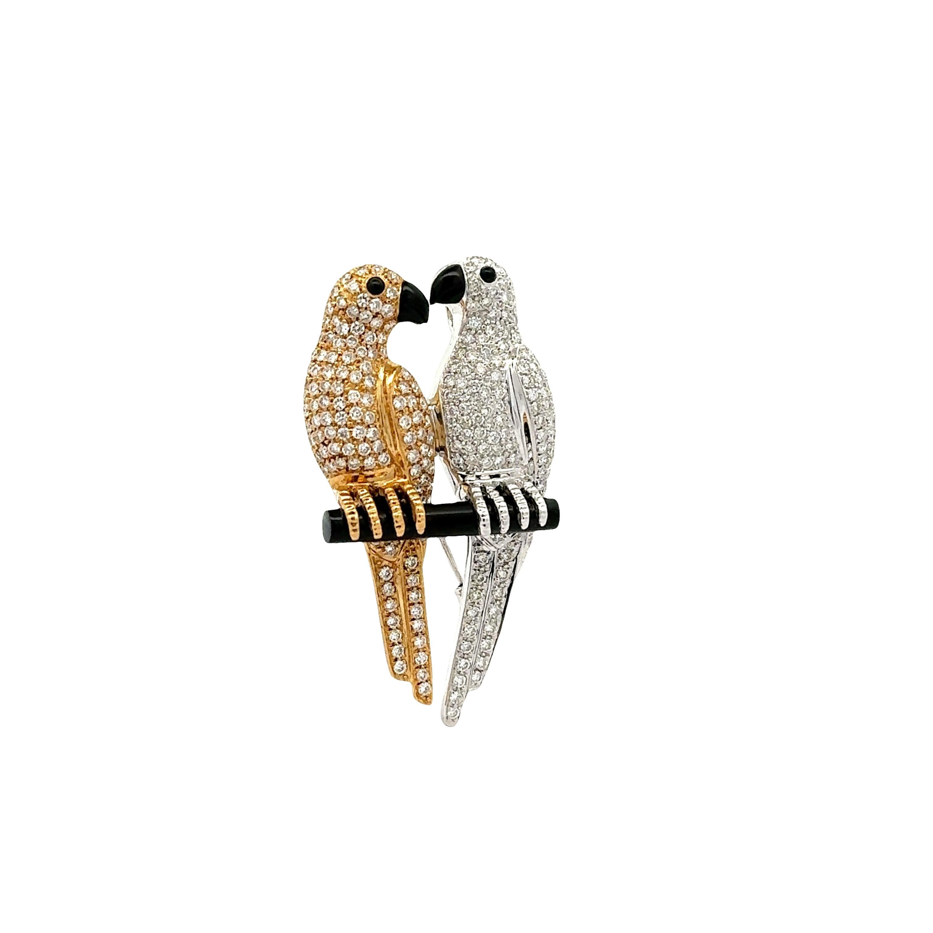 Contemporain Diamant Onyx Or 18K Deux tons Lovebirds Pendentif-Broche en vente
