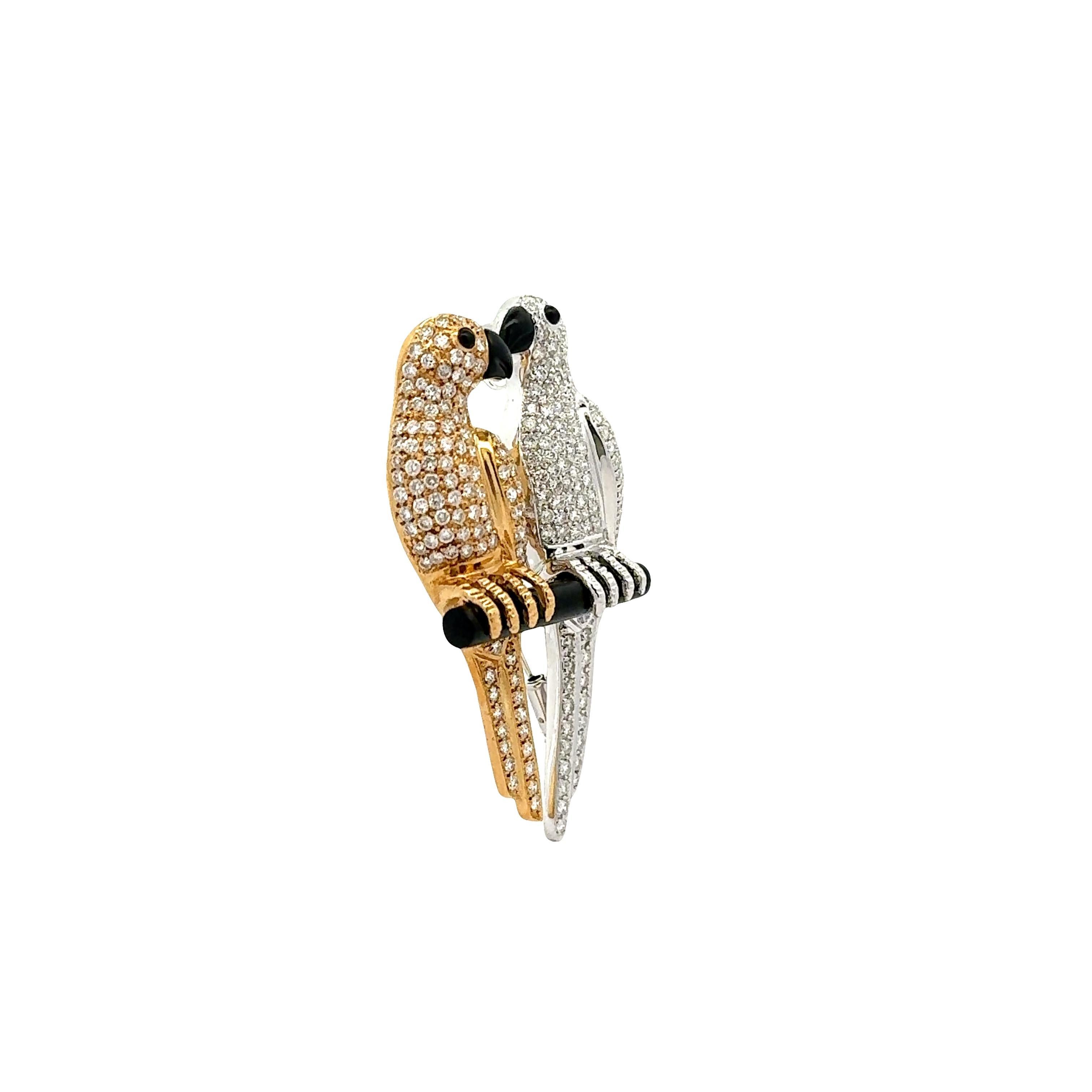 Taille ronde Diamant Onyx Or 18K Deux tons Lovebirds Pendentif-Broche en vente