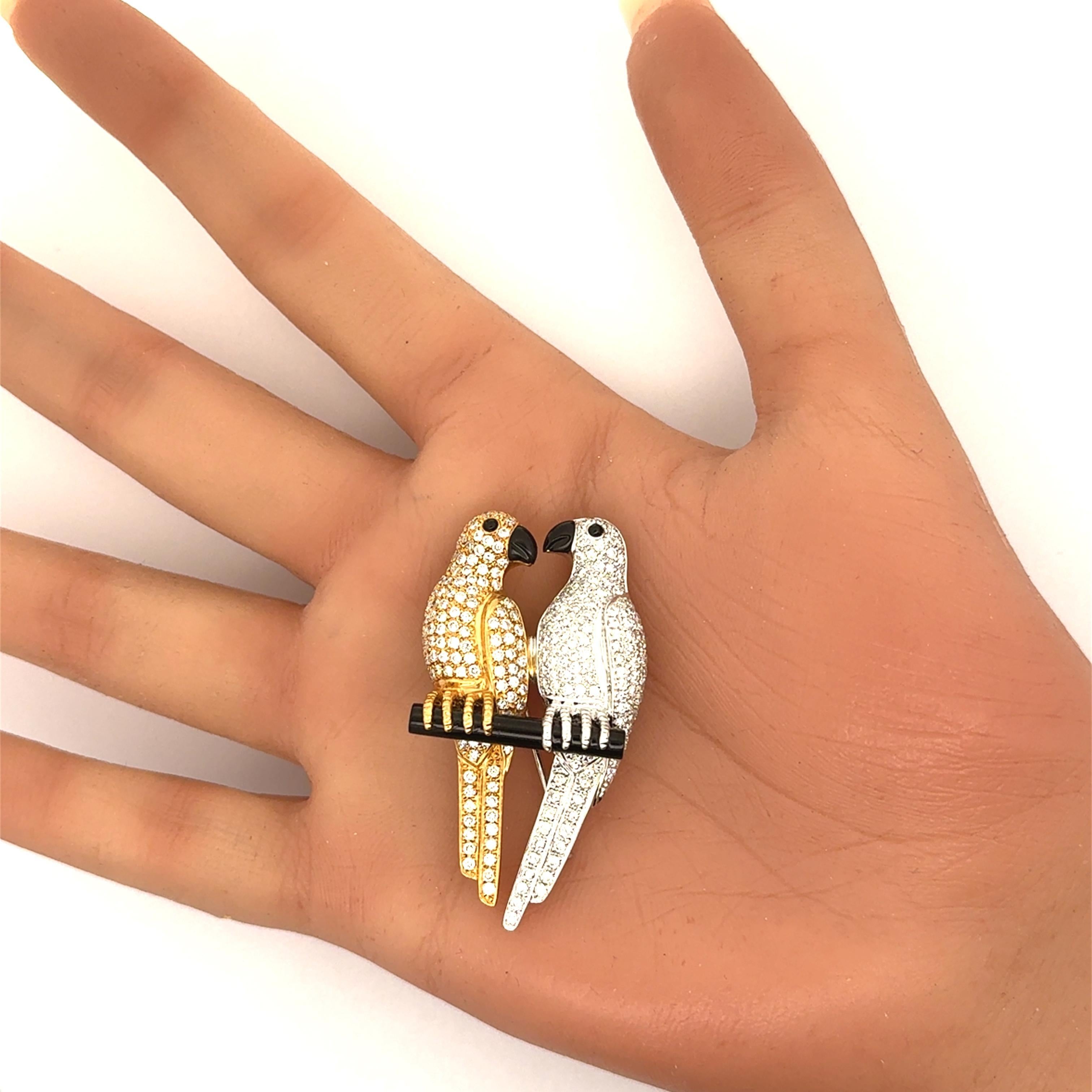 Diamant Onyx Or 18K Deux tons Lovebirds Pendentif-Broche Pour femmes en vente