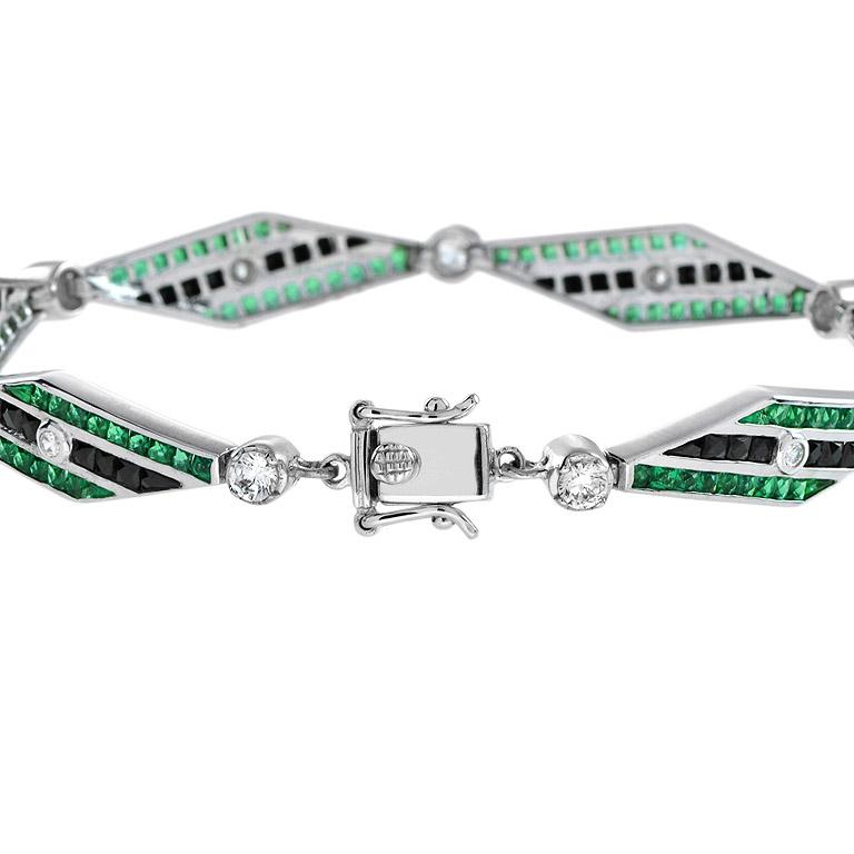 Bracelet à maillons en or blanc 18 carats, diamant, onyx et émeraude de style Art déco Neuf - En vente à Bangkok, TH