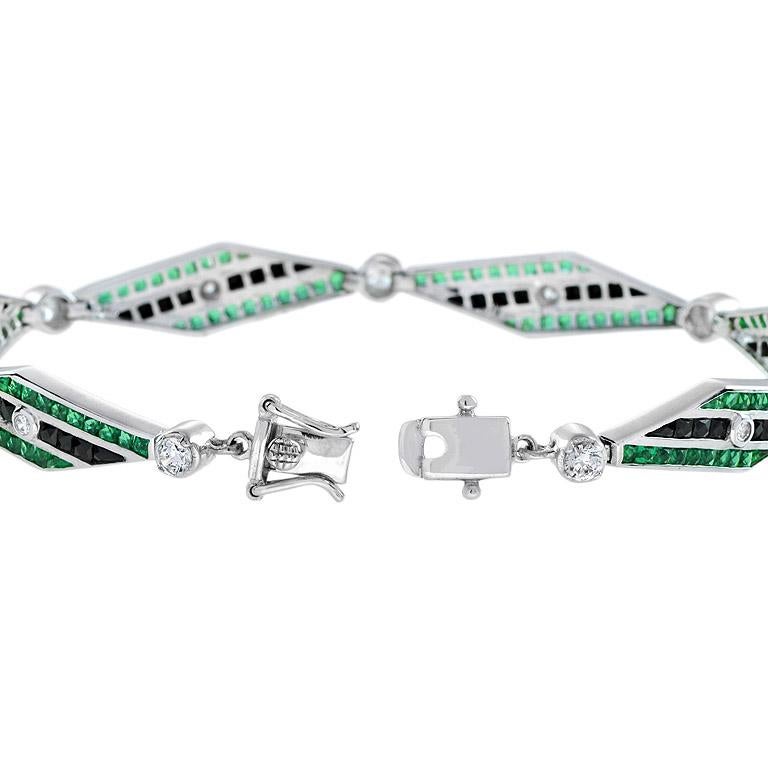 Bracelet à maillons en or blanc 18 carats, diamant, onyx et émeraude de style Art déco Pour femmes en vente