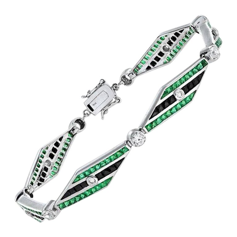 Bracelet à maillons en or blanc 18 carats, diamant, onyx et émeraude de style Art déco