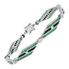 Diamond Onyx and Emerald Art Deco Style Link Bracelet in 18K White Gold