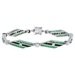 Diamond Onyx and Emerald Art Deco Style Link Bracelet in 18K White Gold
