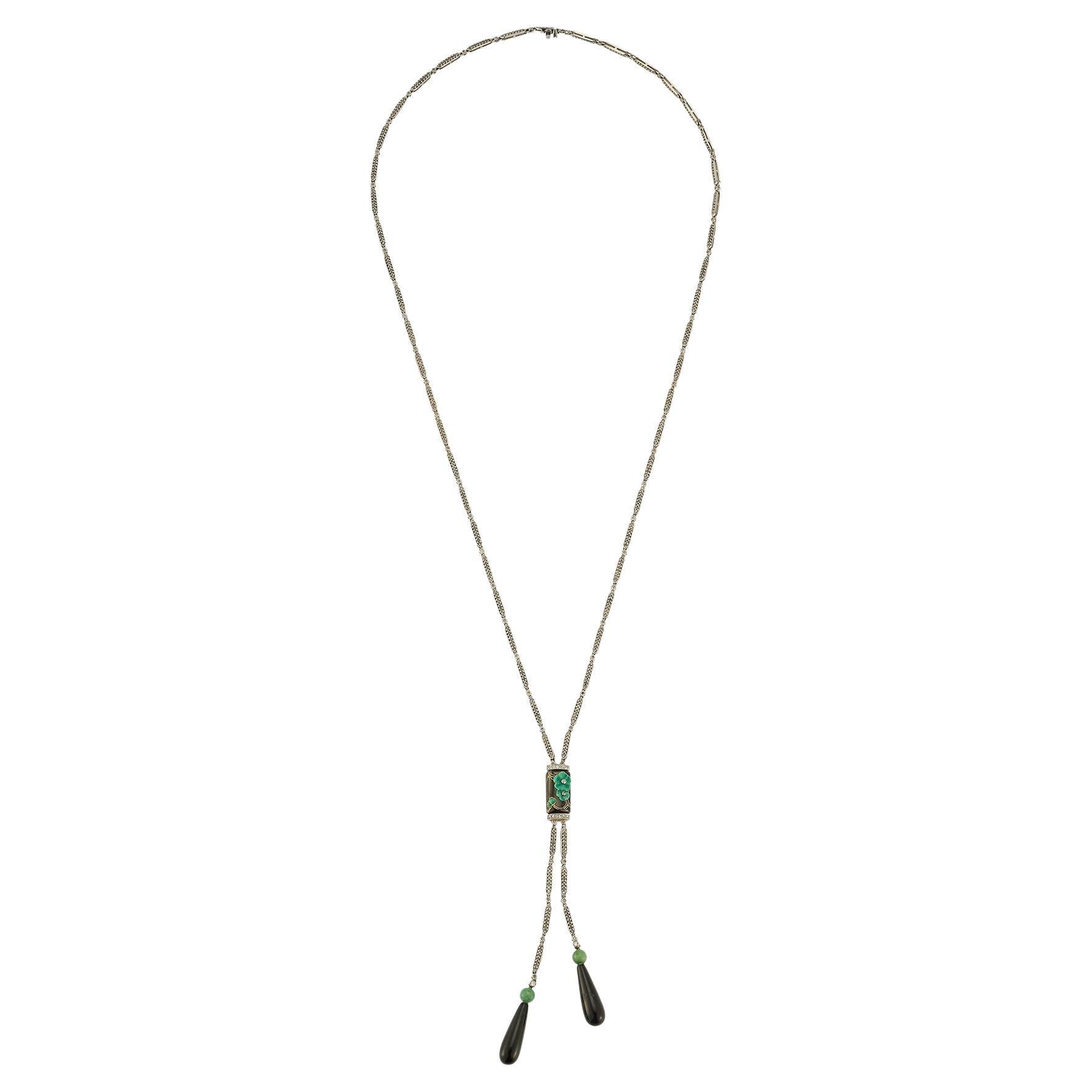 Diamond, Onyx, and Jade Drop Necklace