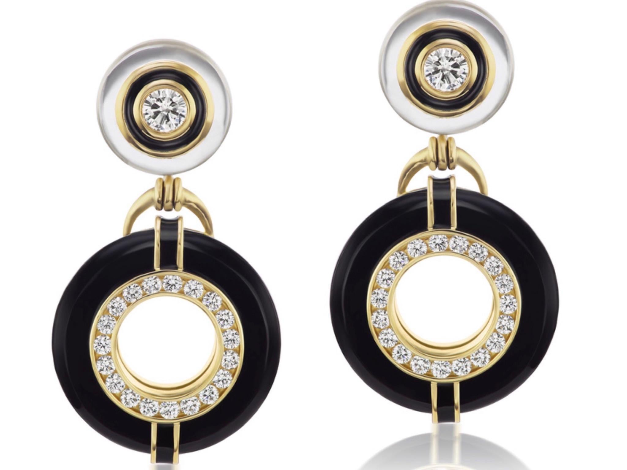 Modern Diamond, Onyx, and Rock Crystal Earrings with Black Enamel in 18 Yellow Gold